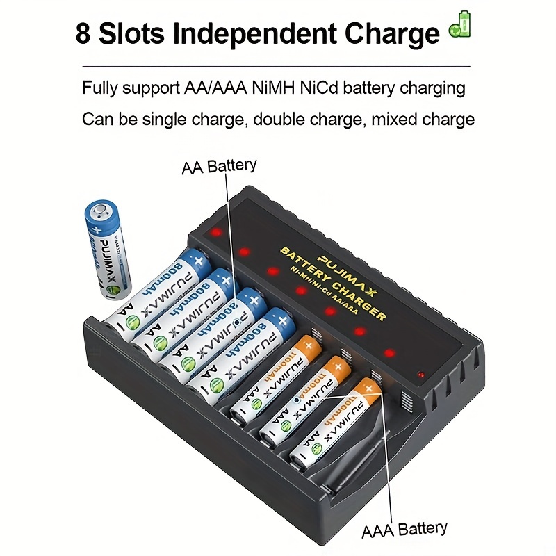 PUJIMAX 8-Slot USB Charger for AA AAA Rechargeable Batteries