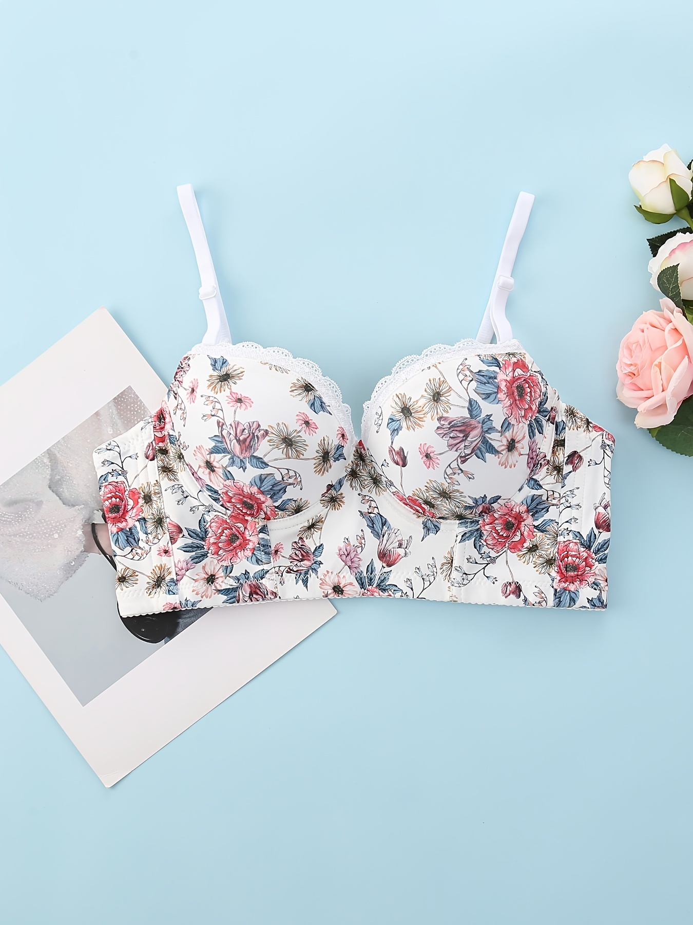 Floral Print Lace Trim Bra, Comfy Push Up Anti-sagging Wireless Bra,  Women's Lingerie & Underwear