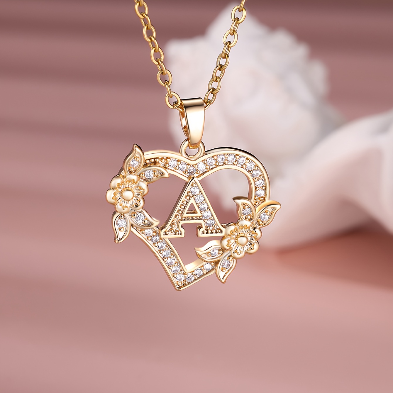 TEMU Elegant White Cubic Zirconia Heart-shaped 26 Letter Floral Pendant Necklace | 14k Golden Plated, Ideal For Valentine's Day Gift, Boho Style By