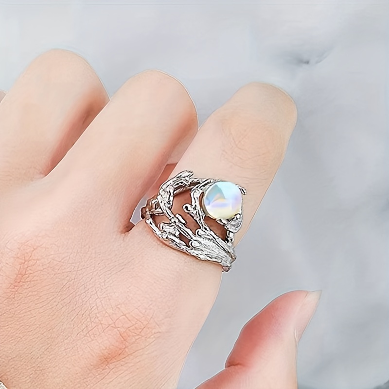 Men's Tree Texture Moonstone Ring Couple Opening Adjustable Ring