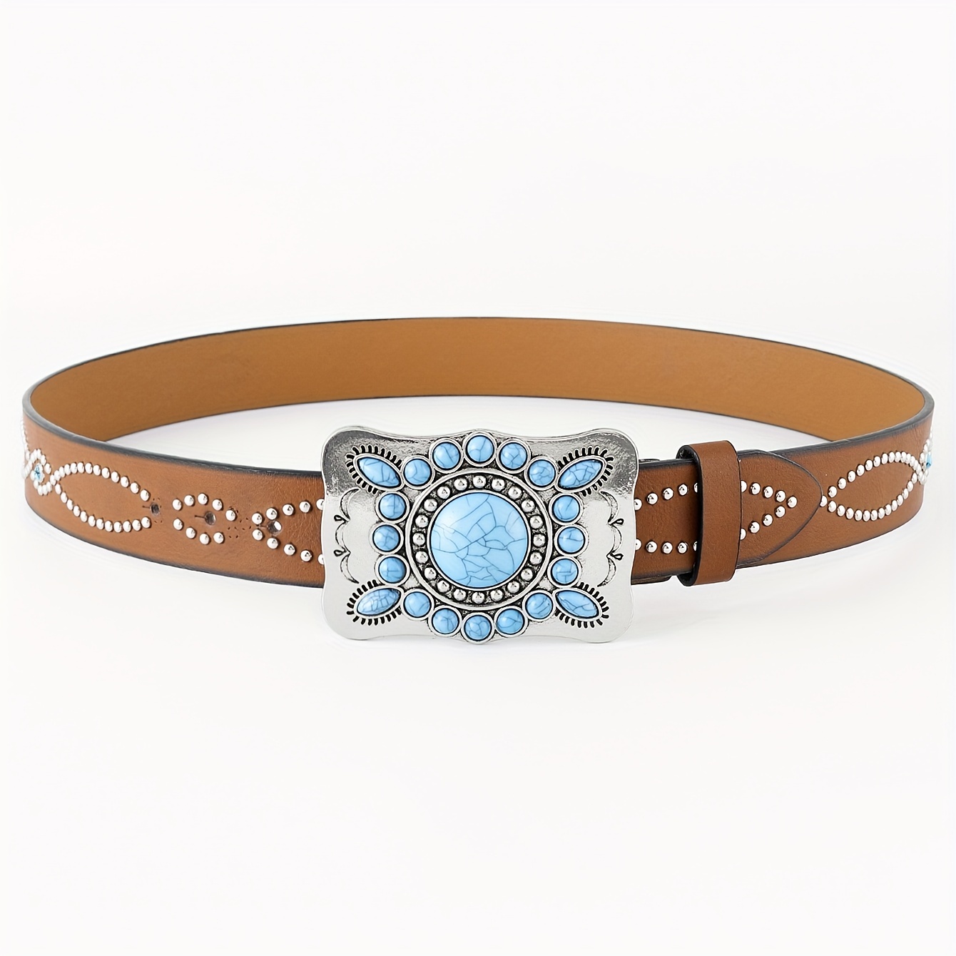 Boho Turquoise Belt Square Buckle Rhinestone Decor PU Belt