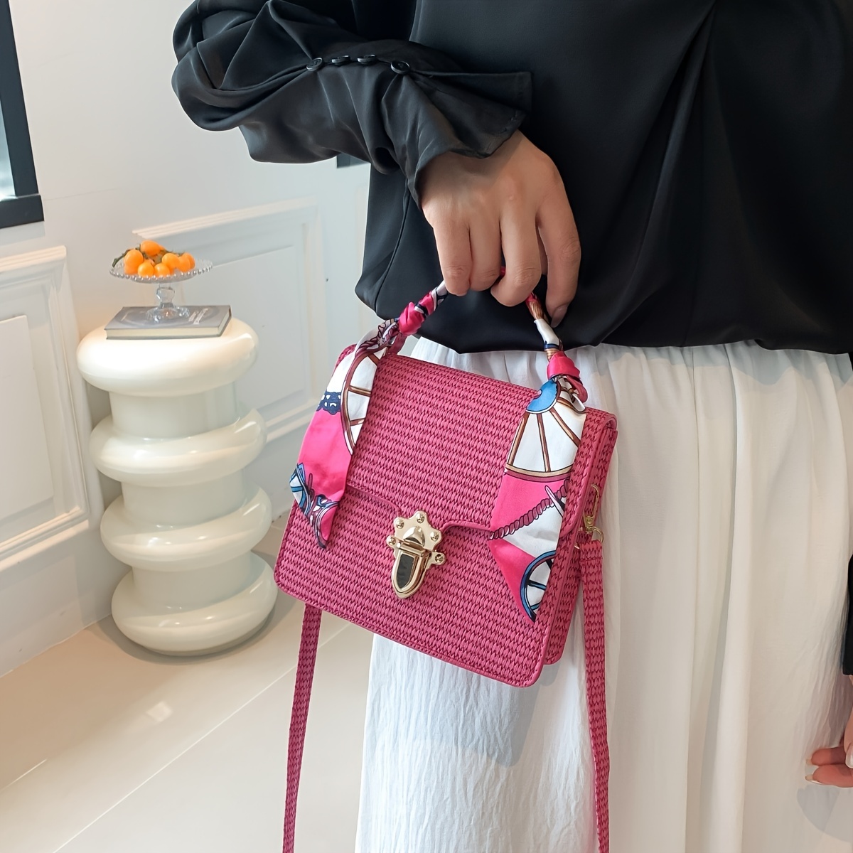 Stylish Pink Crossbody Bag with Scarf Decor
