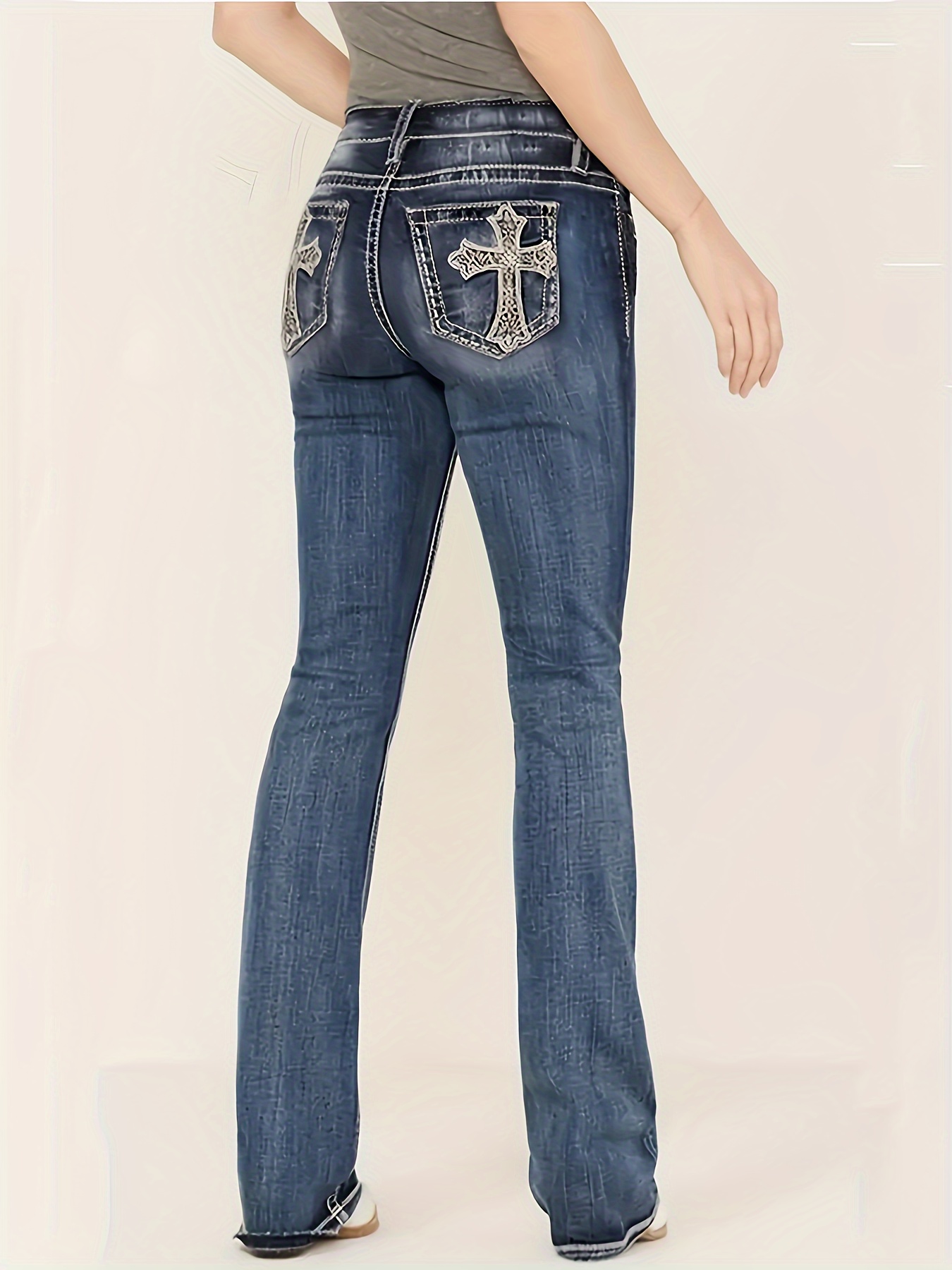 Washed Personality Pockets Boot cut Jeans High Stretch - Temu Canada