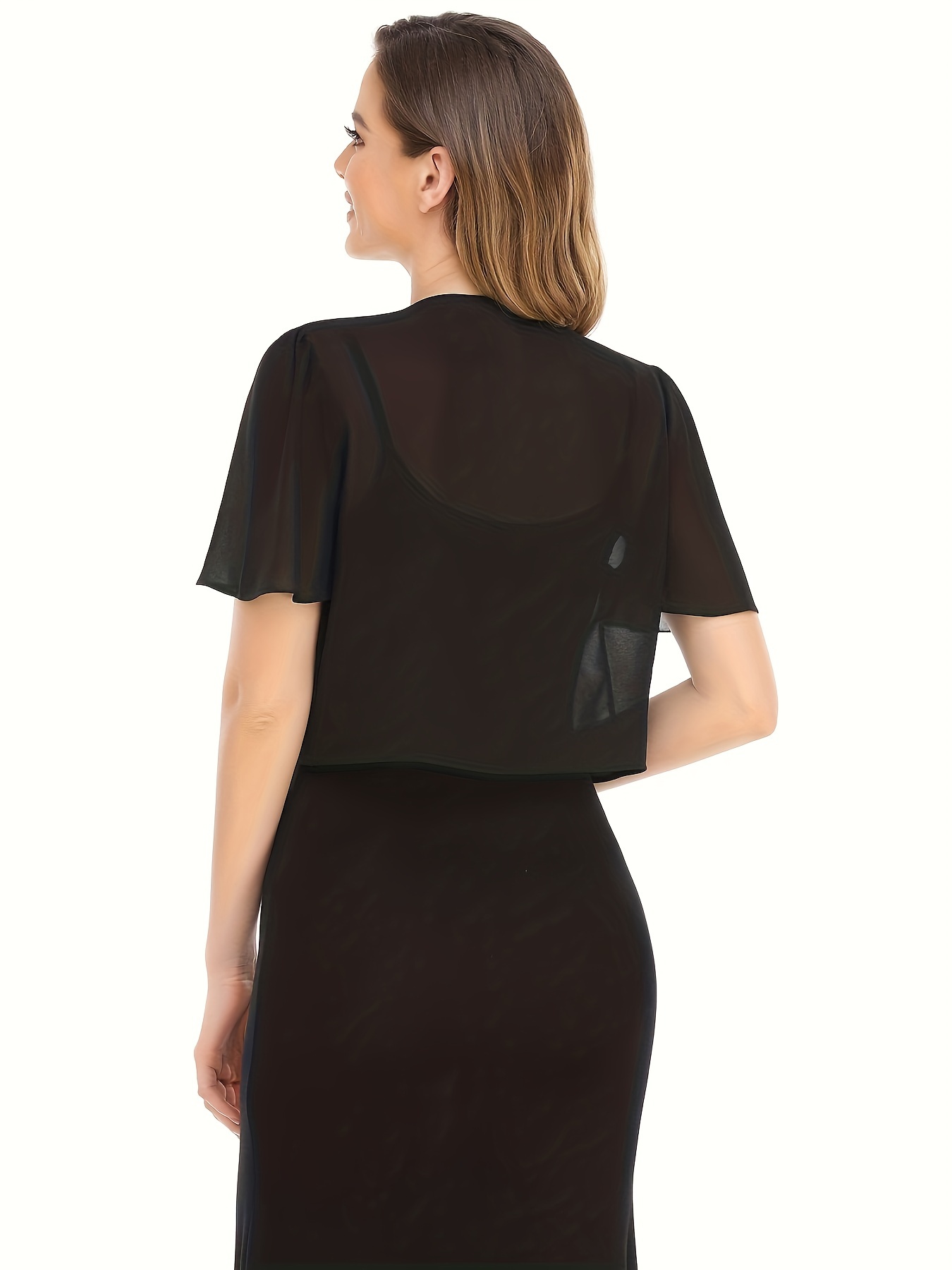 Open Front Crop Top, Elegant V-neck Short Sleeve Chiffon Blouse, Women's Clothing