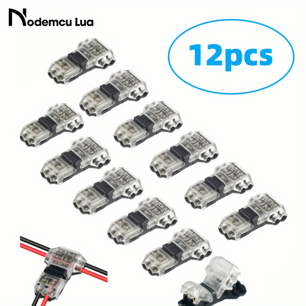 

12pcs Low Voltage Wire Connectors Solid Connection, T Tap Wire Connectors, T Type 2 Pins Wire Splice Connectors, Solderless No Stripping 3 Way Wire Connector For Led Strip, Automotive Fits 24-20 Awg
