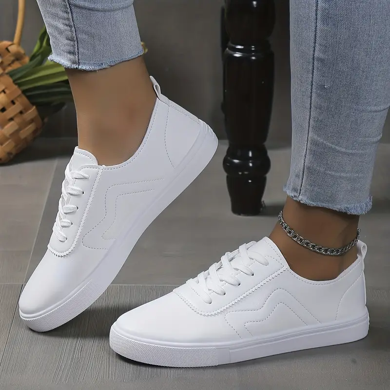 Women's Casual White Sneakers Versatile Pu Leather Lace Low - Temu