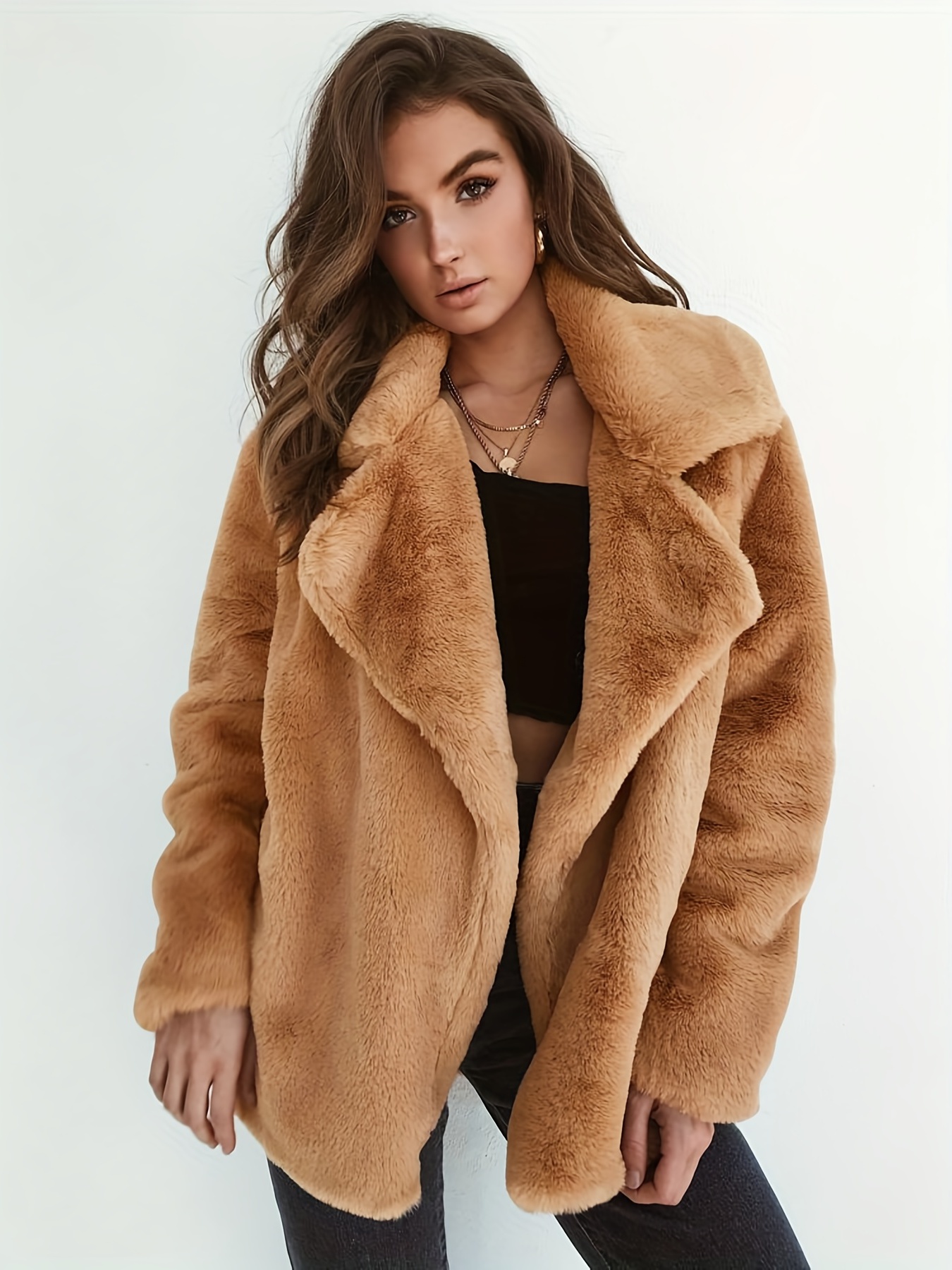 Solid Faux Fur Trucker Jacket, Casual Long Sleeve Jacket For Fall & Winter,  Women's Clothing - Temu