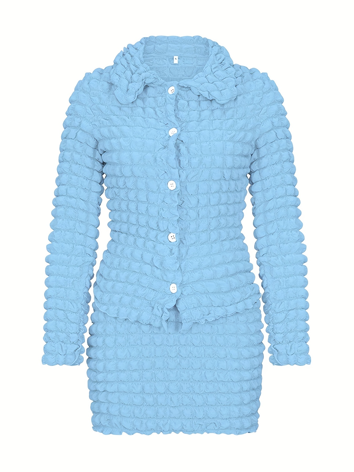 Popcorn Style Two Piece Skirt Set Button Front Top & Textured Skirt