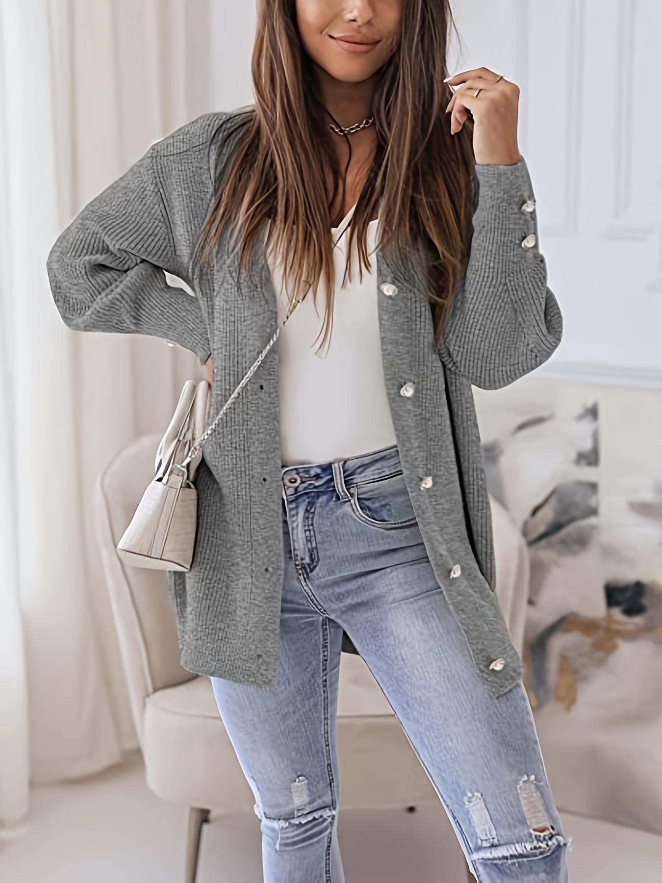 Women's Solid V-neck Cardigan, Casual Long Sleeve Cardigan For ...