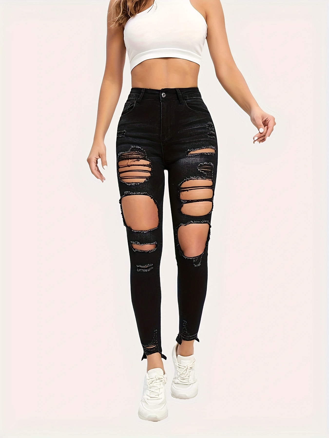 Women's Black Ripped Skinny Jeans, Ripped Holes Skinny Jeans, Girl's Y2K  Style Jeans