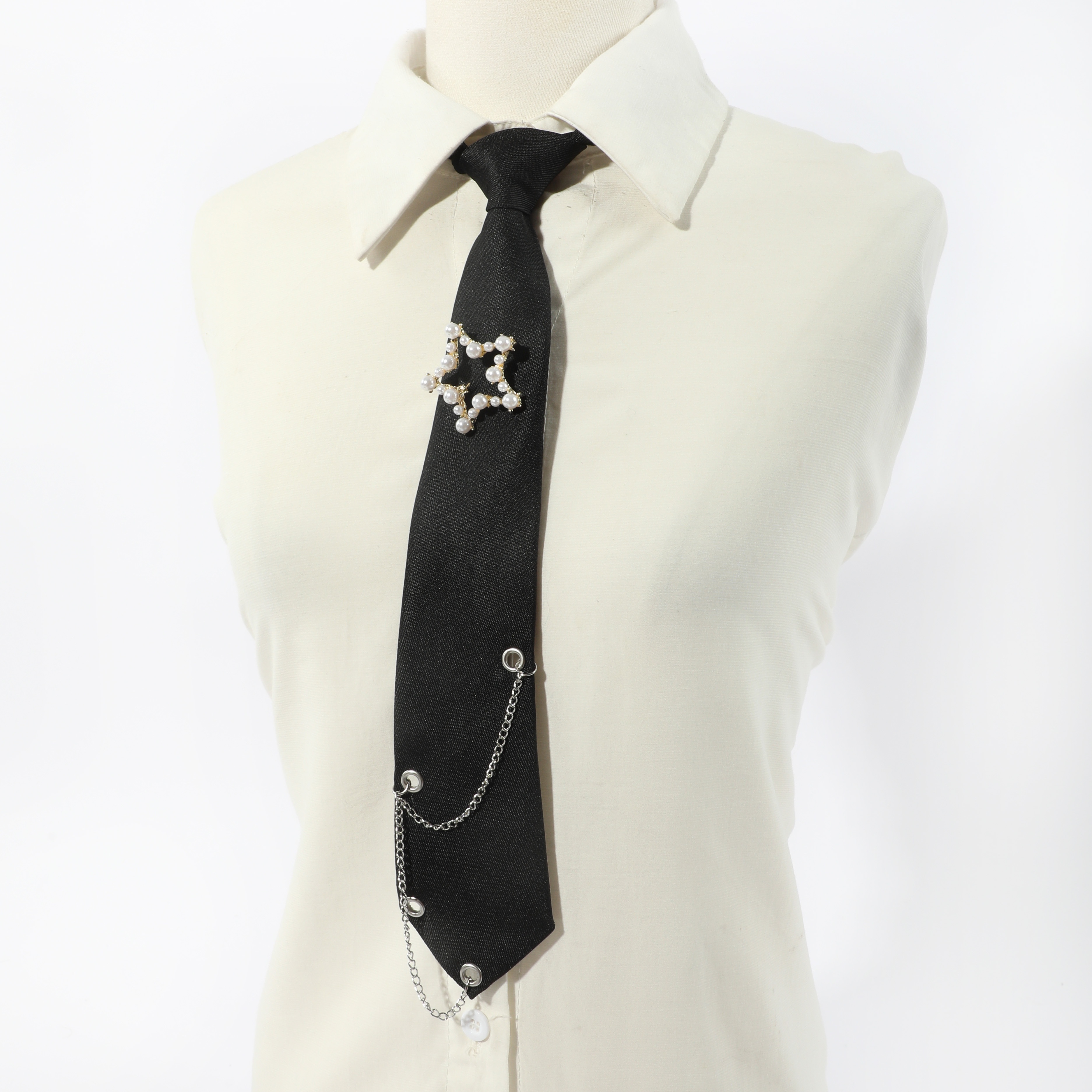 

Faux Pearl Pentagram Decor Tie Chain Tassel Pre Tied Neck Tie Hip Hop Necktie For Women Shirt Dress Accessories