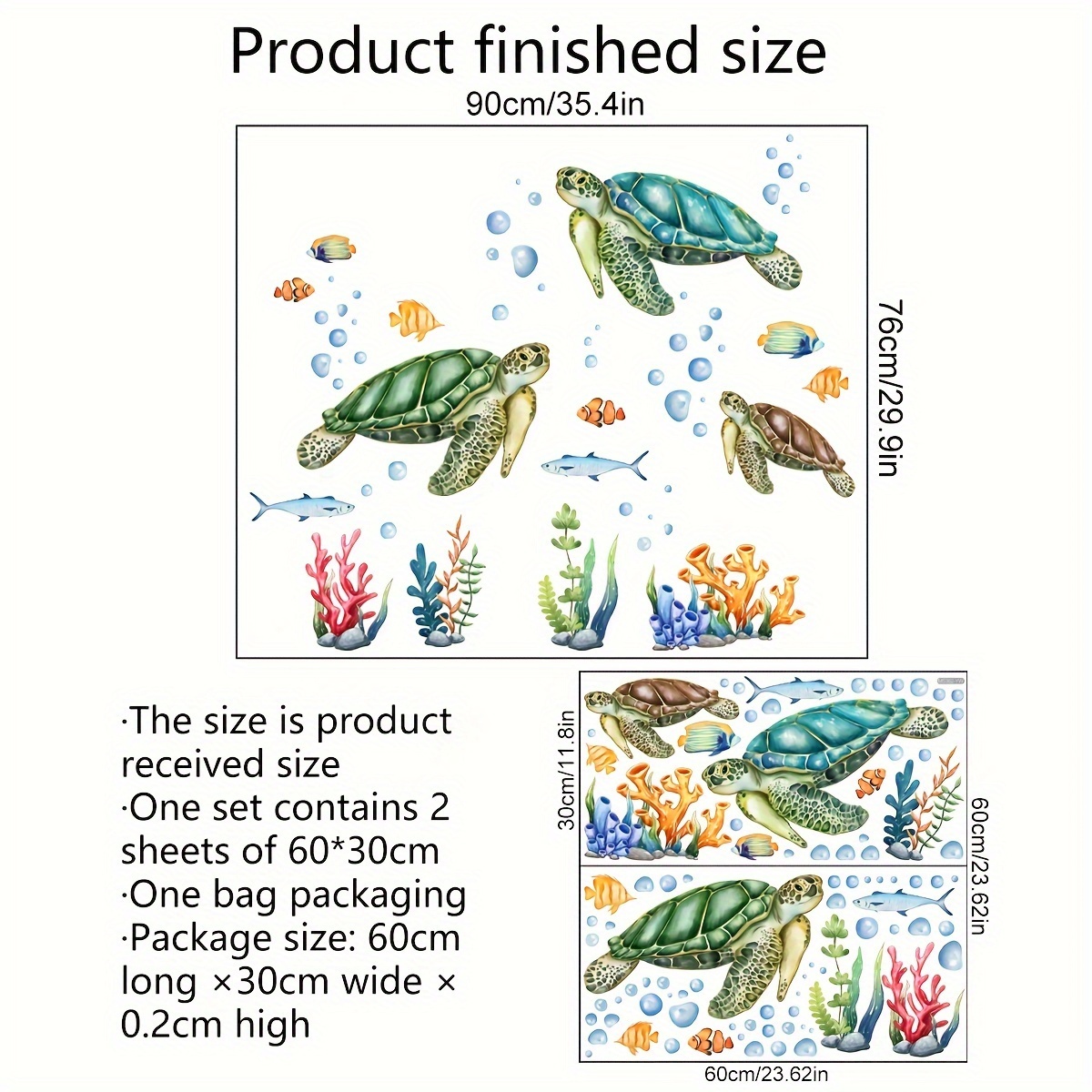 Image of A Set Of 2 Underwater Animal Sea Turtle Coral Wall Stickers For Bathroom Or Room Decoration