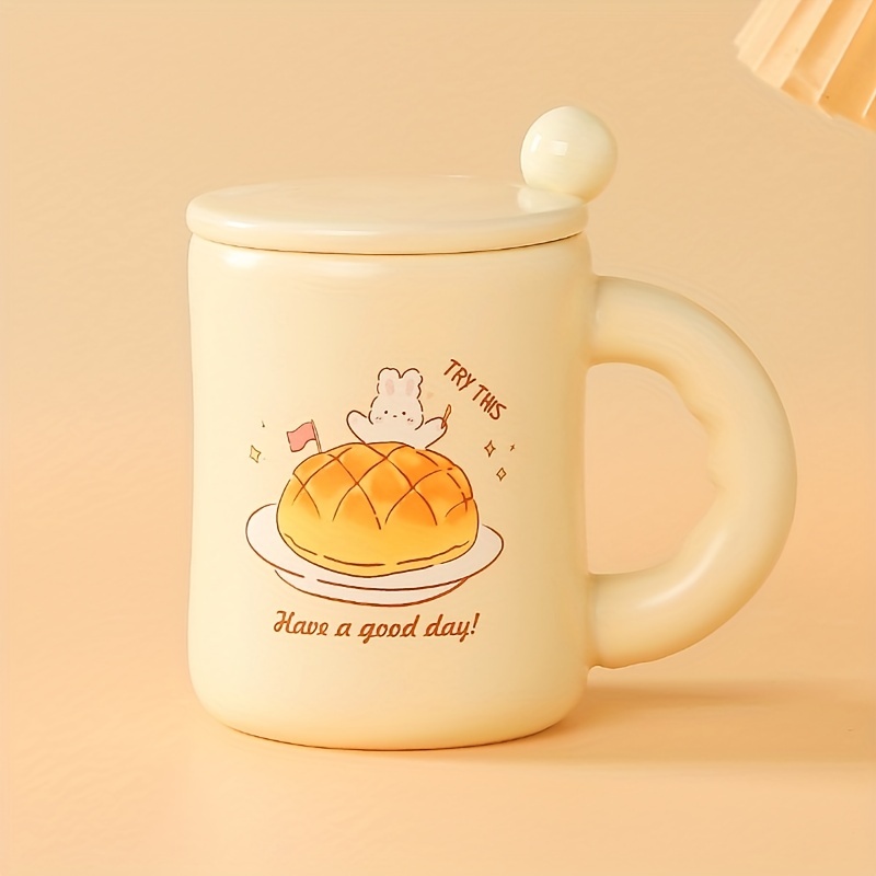 1pc 450ml Cute Coffee Mug For Girls With Lid & Spoon Ceramic Milk Breakfast  Cup, Cartoon Couple Mark Cup For Home Use