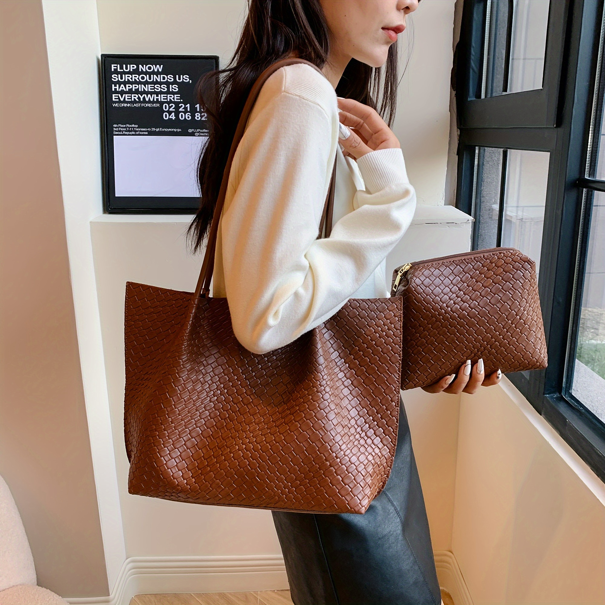 Large Woven Crossbody Tote Bag, Streets of Seoul