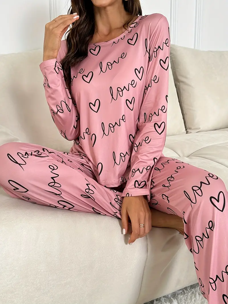 Casual Heart Print Fleece Pajama Set, Long Sleeve Crew Neck Top & Elastic  Pants For Valentine's Day, Women's Sleepwear & Loungewear
