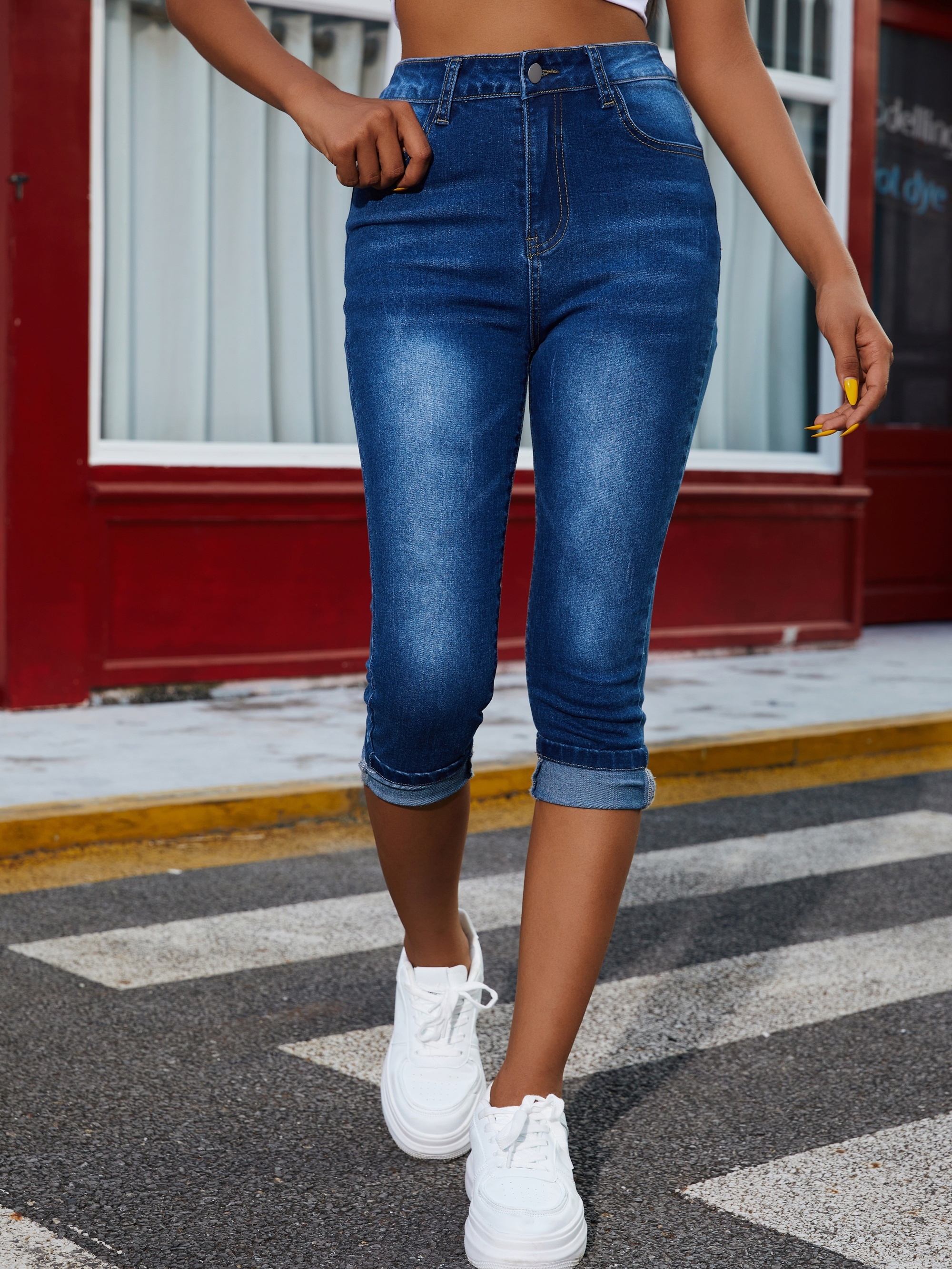 Blue Mid-Stretch Capris Denim Jeans, Slim Fit Slant Pockets Versatile Denim  Trousers, Women's Denim Jeans & Clothing