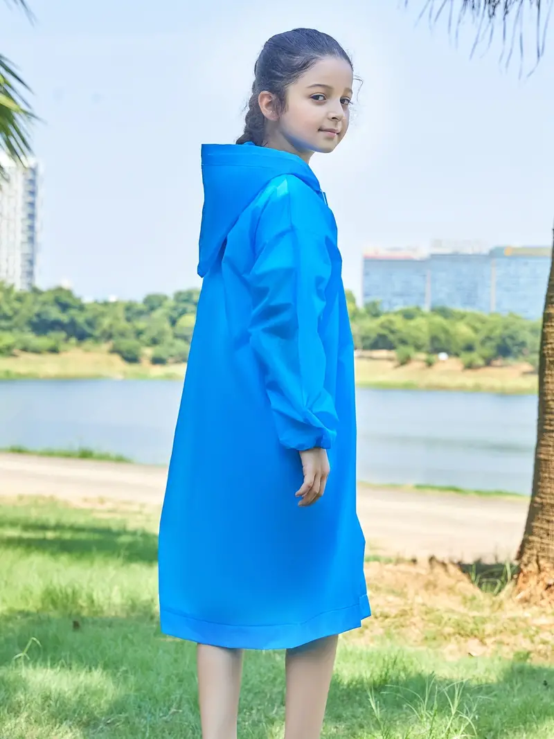 1pc kids eva blue waterproof reusable hooded raincoat for outdoor boys and girls suitable for 6 10 years old details 3