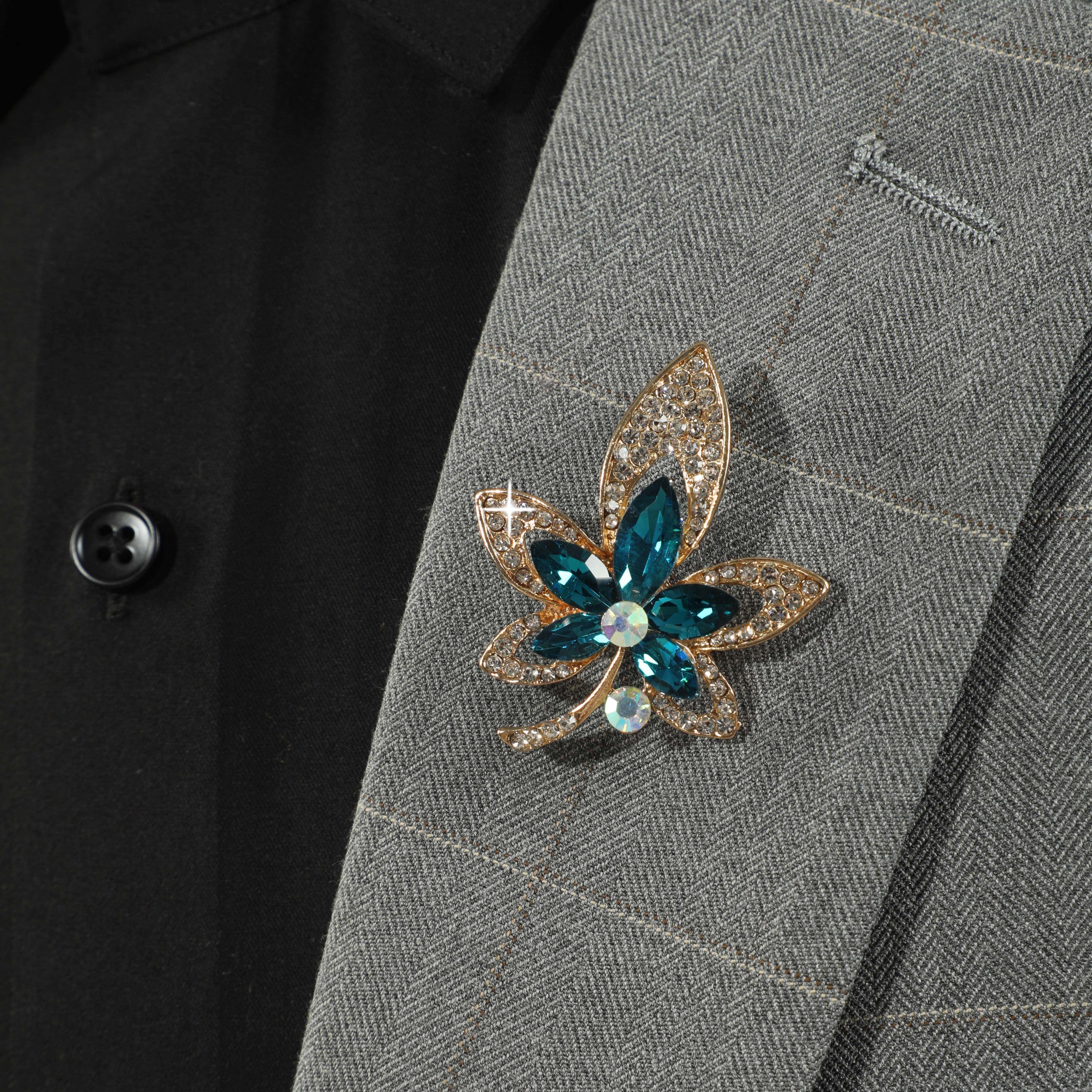 Crystal Shining Leaf Brooches for Men Safety Pins Fashion Rhinestone Clothing Coat Brooch Accessories,Temu