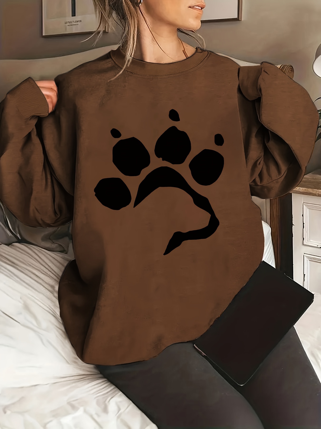 Plus Size Claw Print Sweatshirt Casual Long Sleeve Crew Neck Temu