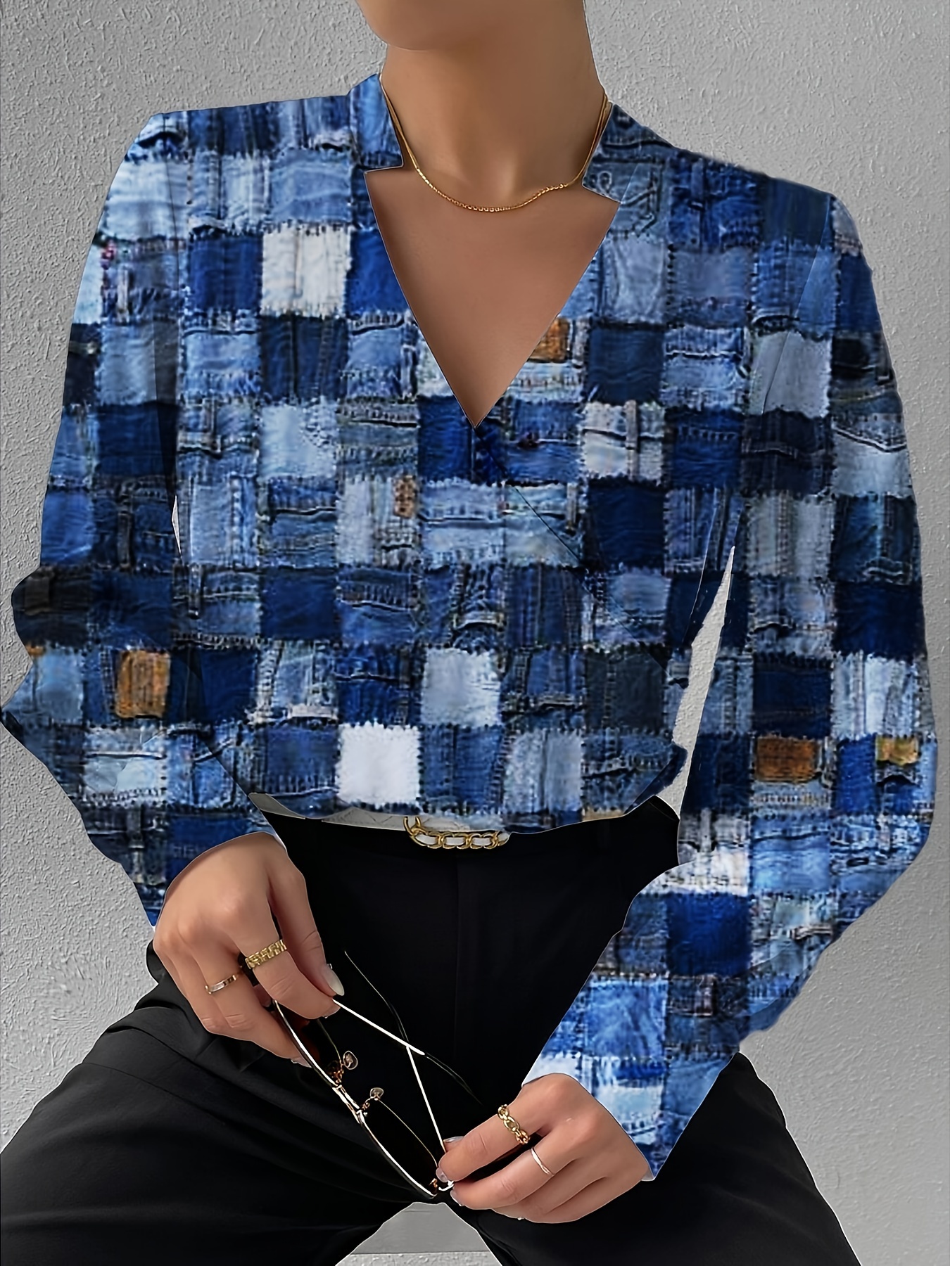 Floral Print V Yaka Bluz, Rahat Uzun Kollu Basit Bluz, Kadın Giyim
