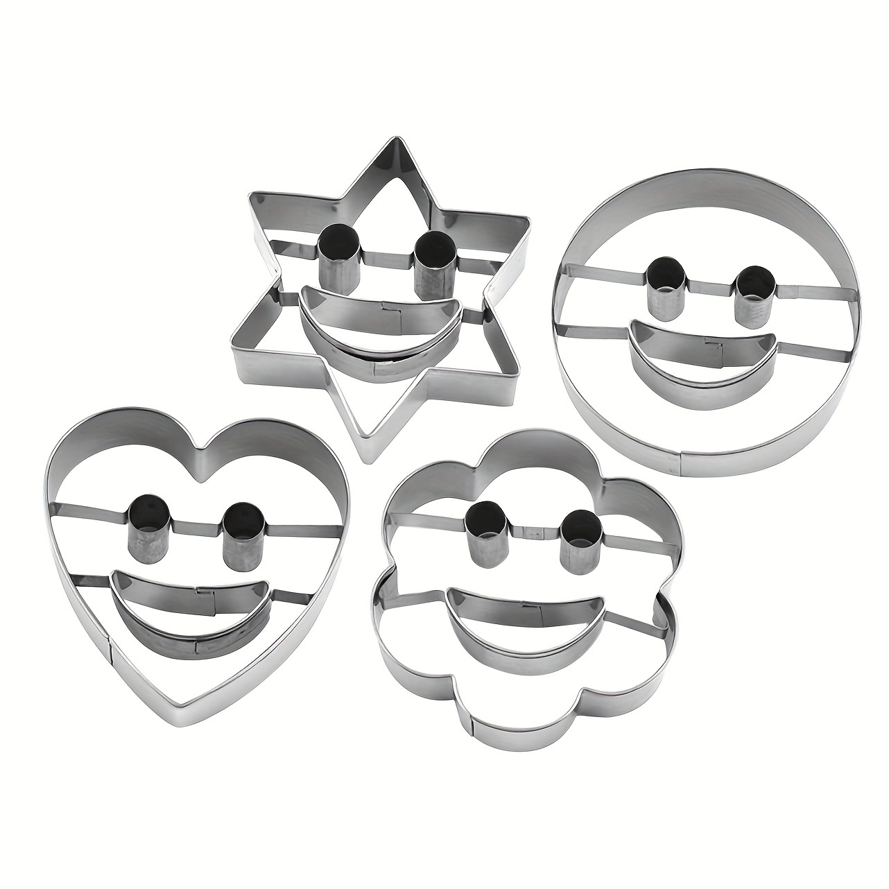 4pcs Set, Stainless Steel Cookie Cutters In Face, Flower, Heart, And Six-pointed Star Shapes
