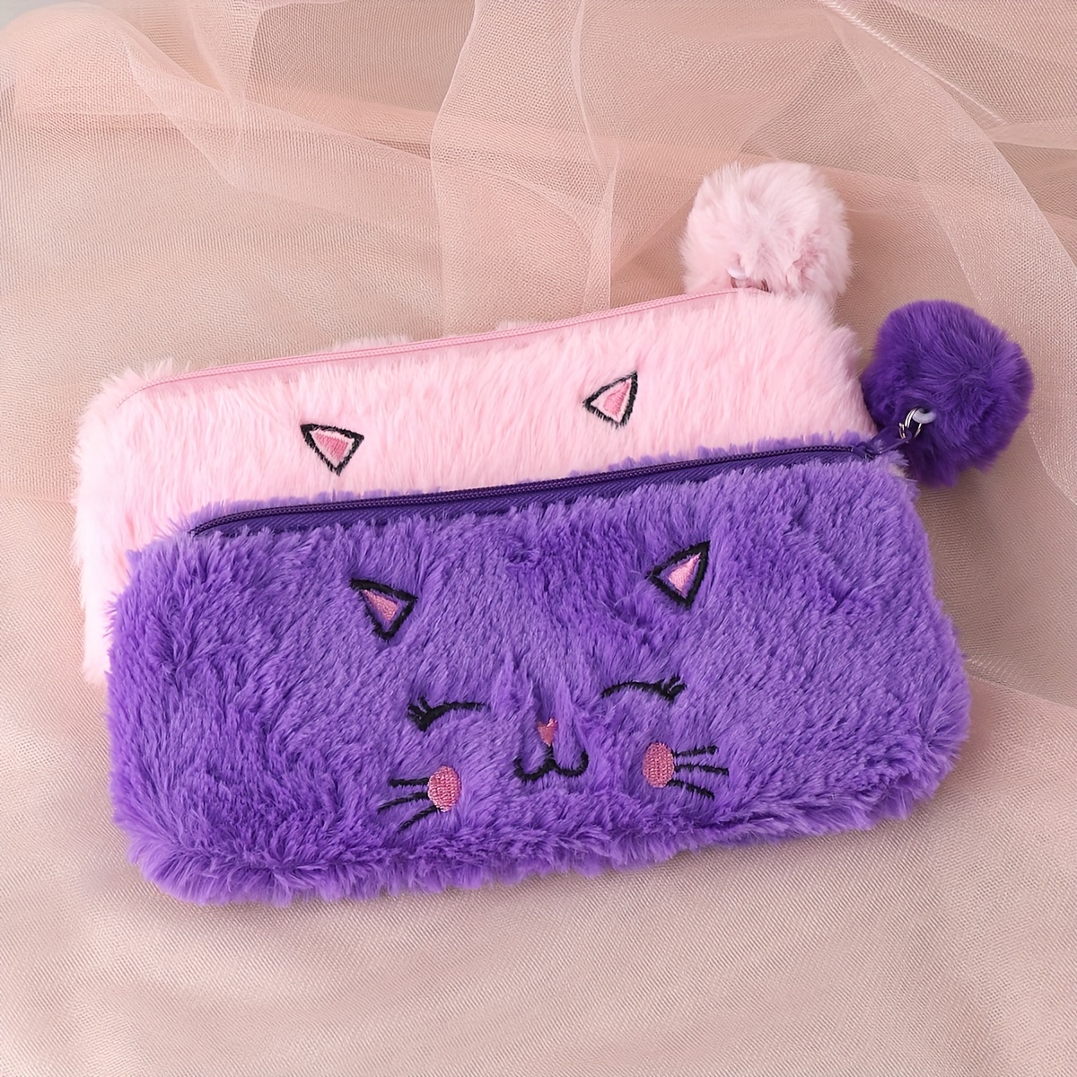 Cartoon Plush Cat Pencil Case Storage Pencil Bag Cute Soft - Temu