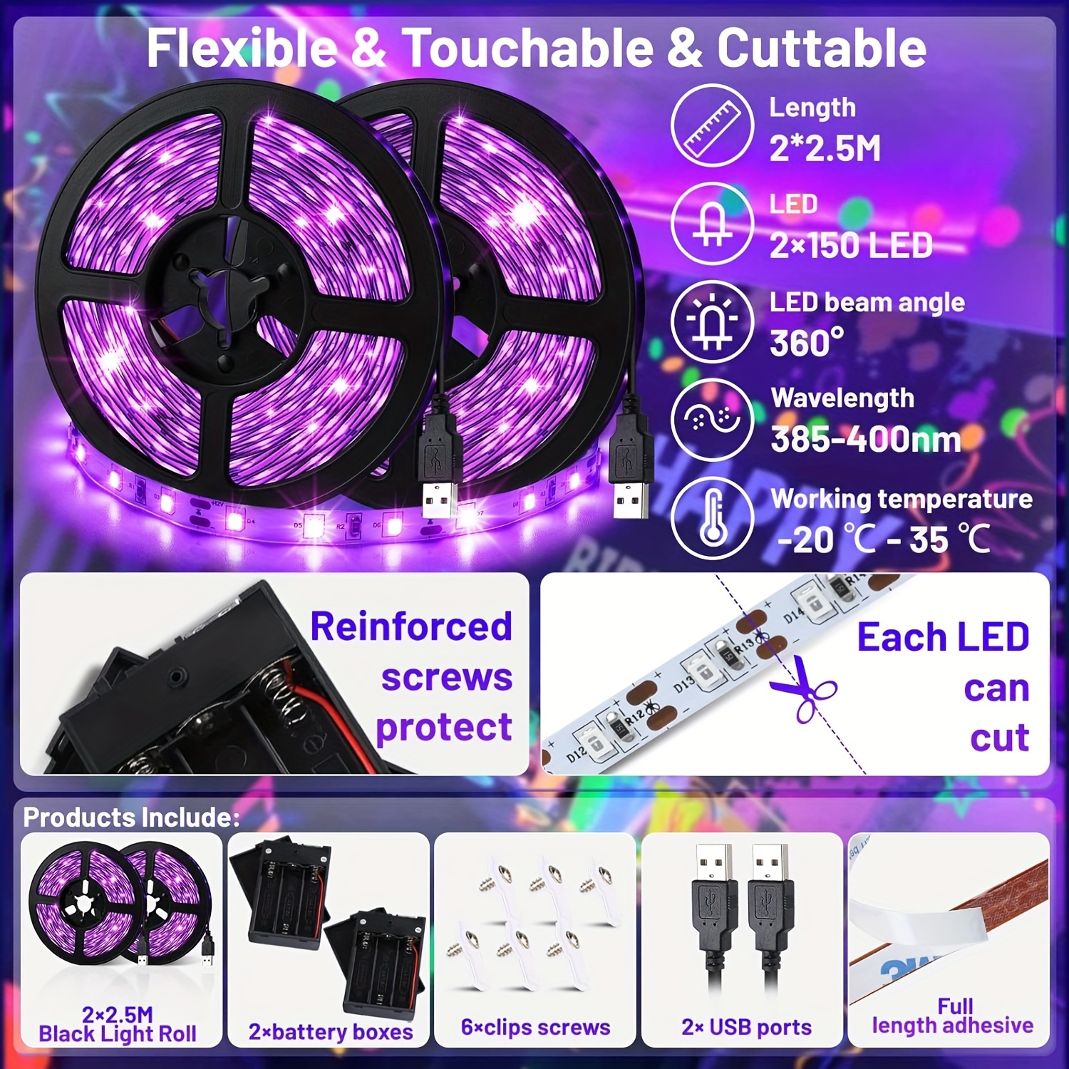 Black Light Usb Plug + Battery Box 150/300led Black Light - Temu