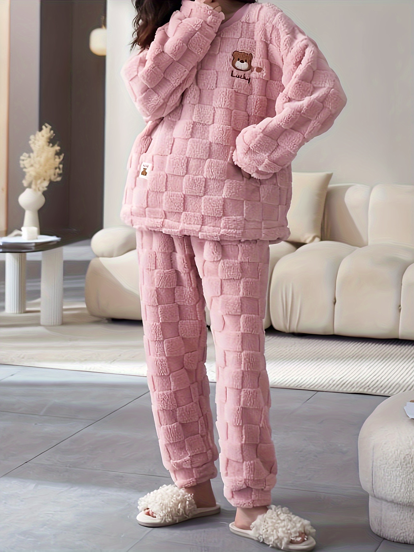 Cartoon Bear Print Fuzzy Pajama Set, Long Sleeve Crew Neck Top & Elastic  Waistband Pants, Women's Sleepwear & Loungewear