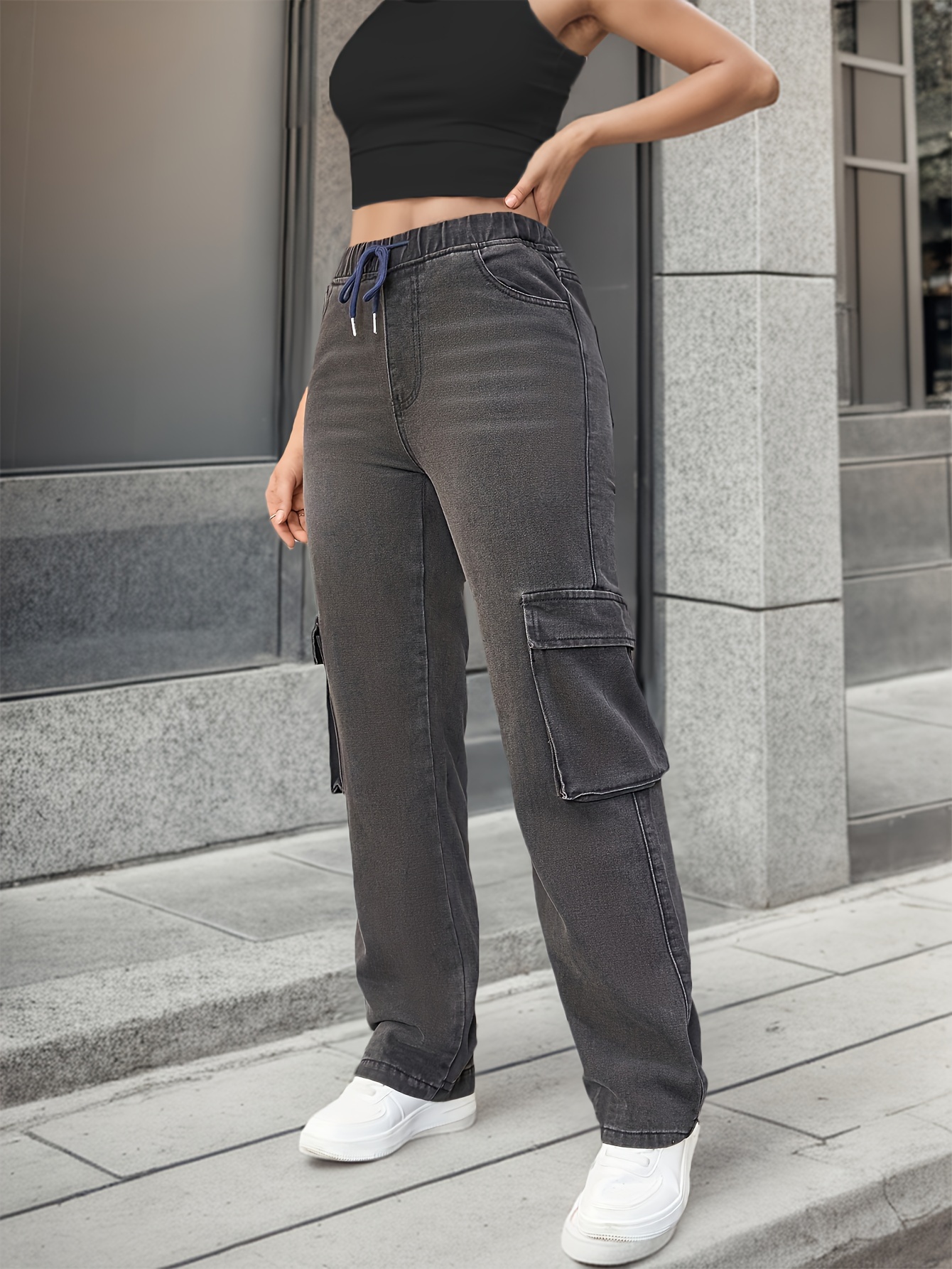 Grey Flap Pockets Cargo Pants Elastic Waist Straight Legs - Temu