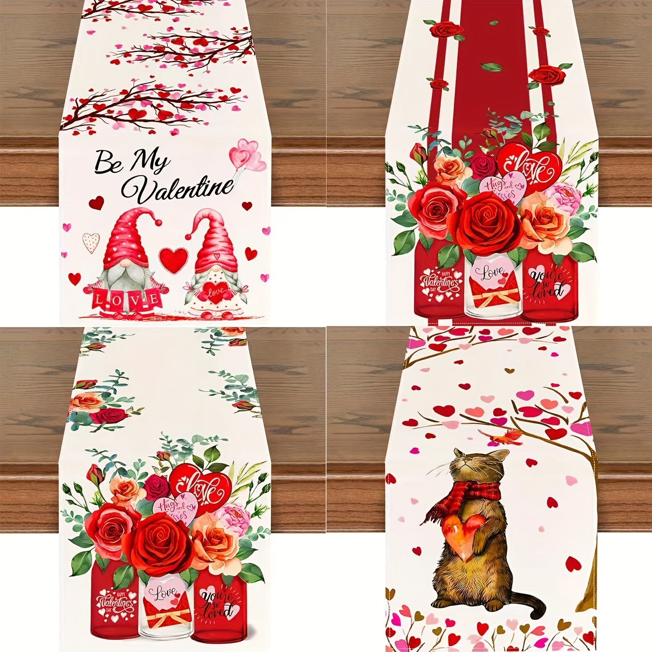 Table Runner Valentines Day Theme Cute Cat Floral Heart - Temu New