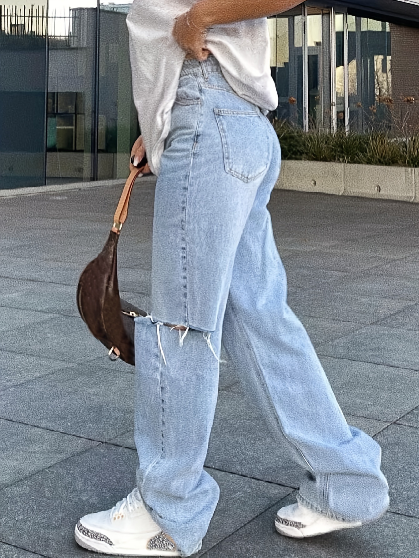Ripped Holes Distressed Straight Jeans Loose Street Style - Temu
