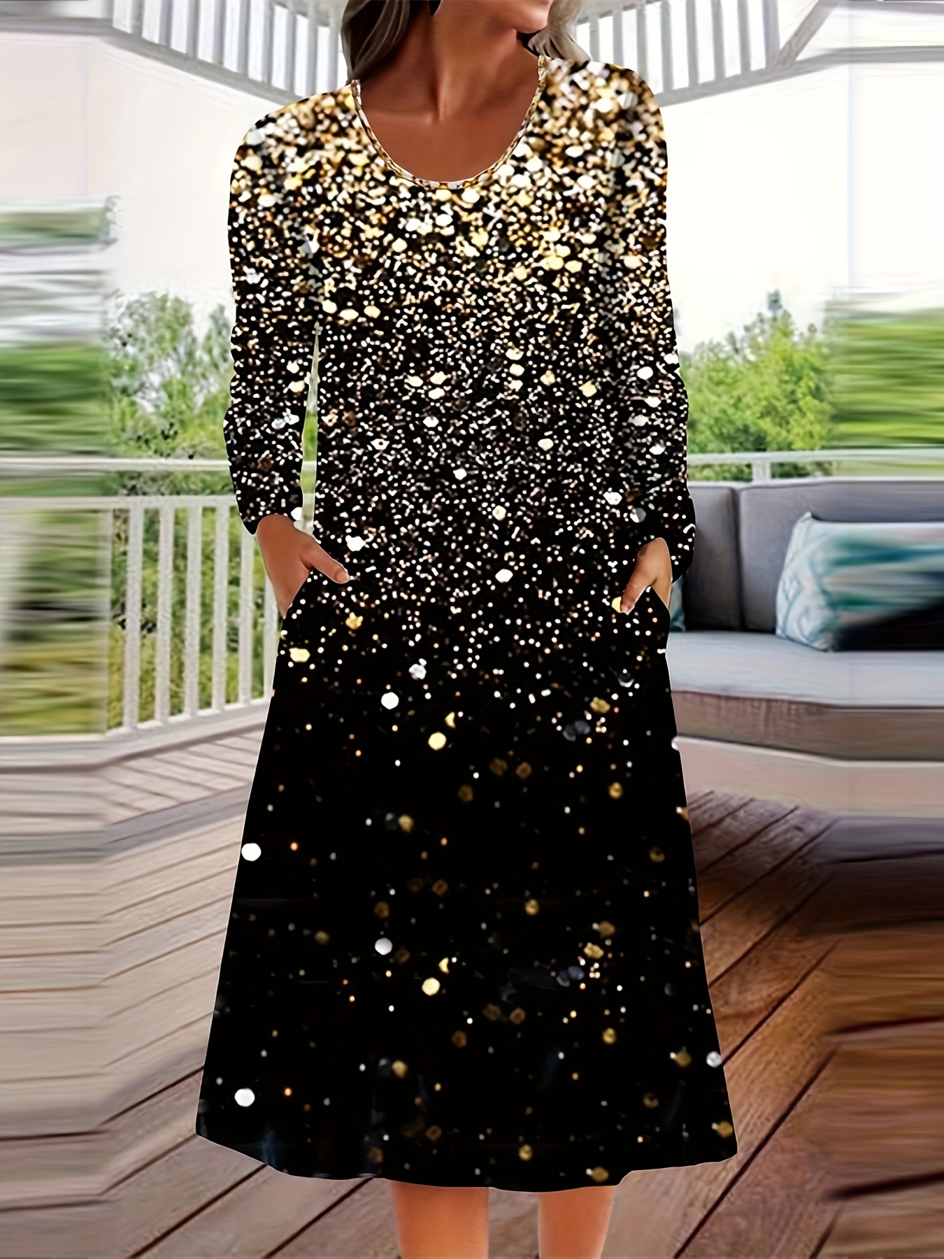Plus Size Long Sleeve Gold Glitter Sequin Dress