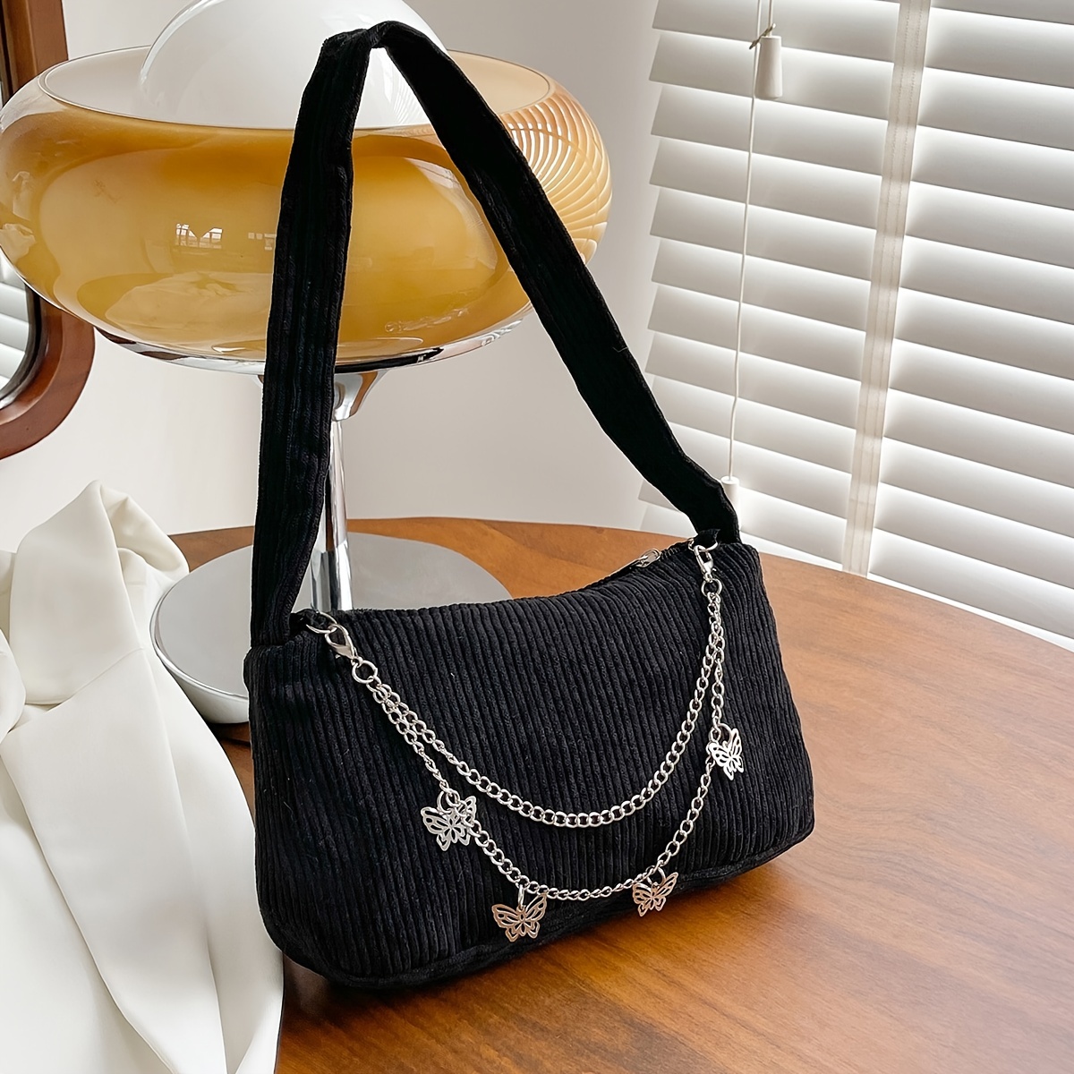 Mini Butterfly & Chain Decor Square Bag, Corduroy Zipper Baguette Bag,  Solid Color Shoulder Purse - Temu Denmark