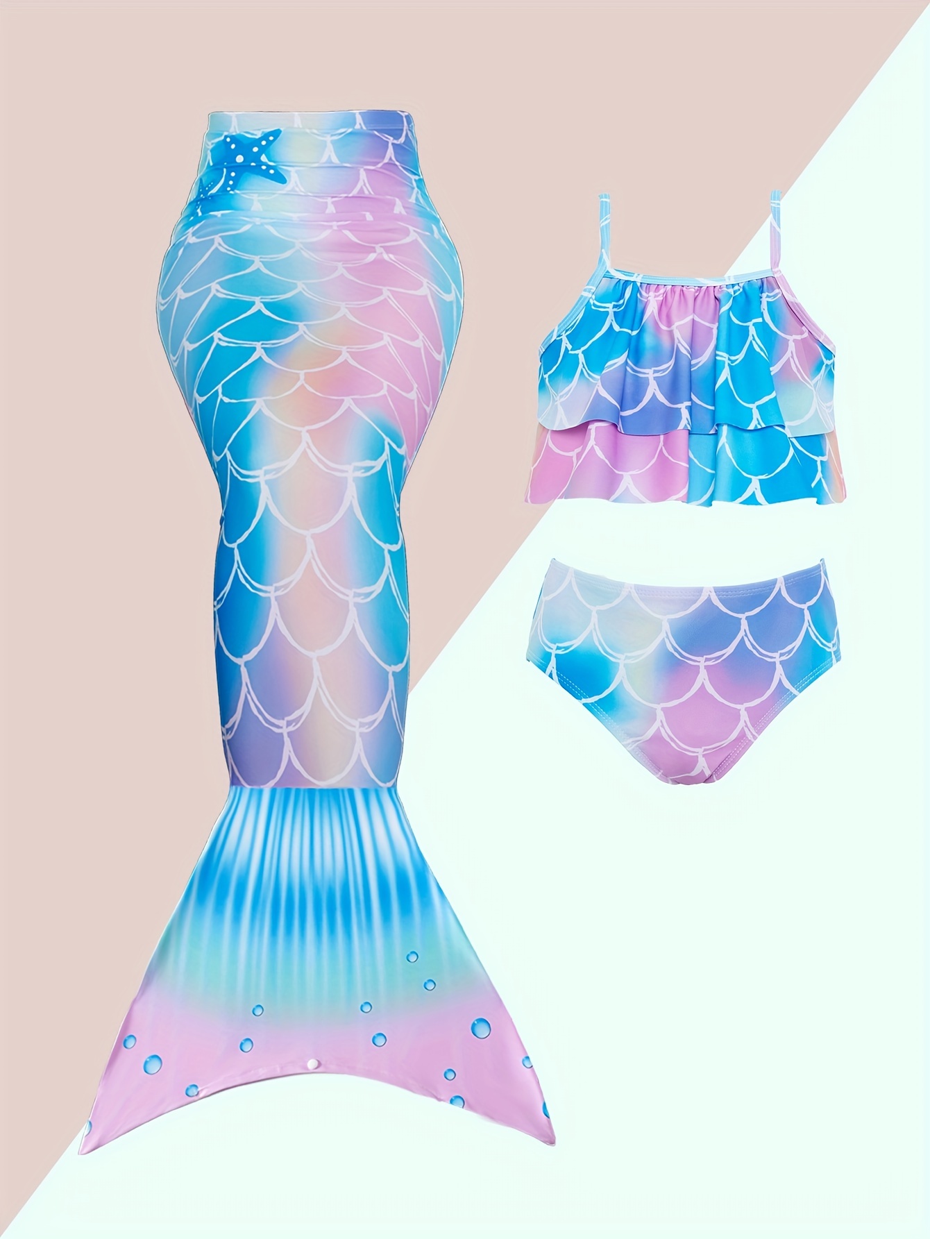 Costume Da Bagno Per Sirena Per Ragazze 3 Pezzi, Set Bikini E Coda Di Sirena,  Stampa A Scaglie Di Pesce, Costume Da Bagno Elasticizzato E Asciugatura  Rapida, Abbigliamento Per Bambini Per Vacanze