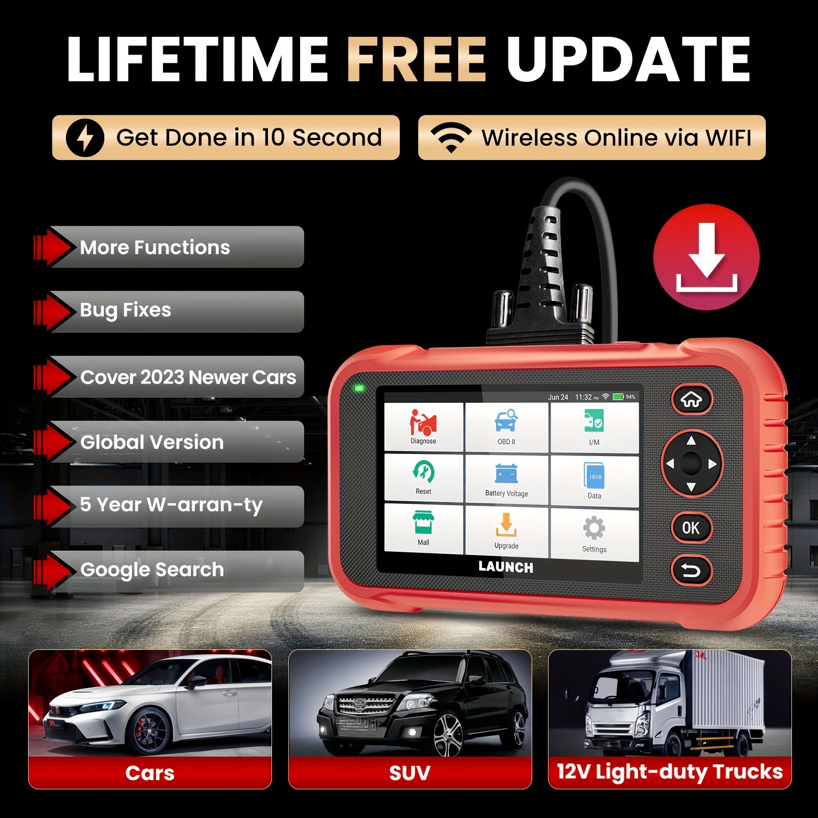 LAUNCH CRP123E OBD2 Scanner Engine/ABS/SRS/Transmission Diagnostic Scan  Tool Check Engine Code Reader with Oil Reset, SAS Reset, Throttle  Adaptation, Battery Test, Auto VIN, Lifetime Free Update 