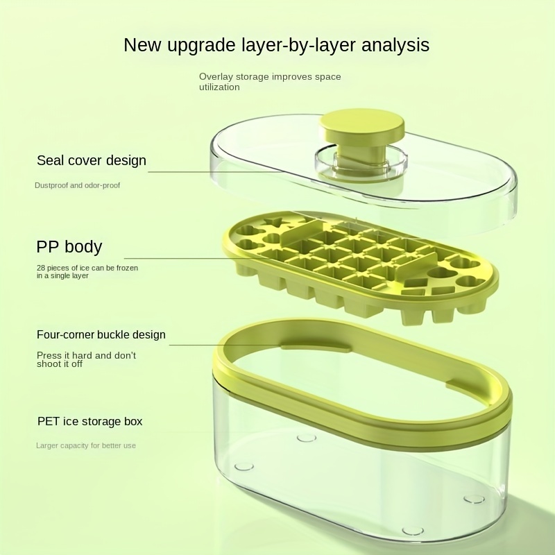 1 Set Ice Cube Tray Single/Double Layer Multiple Ice Grids Press Button  Design Silicone Ice Mold Tray Storage Box with Shovel Single Layer Green