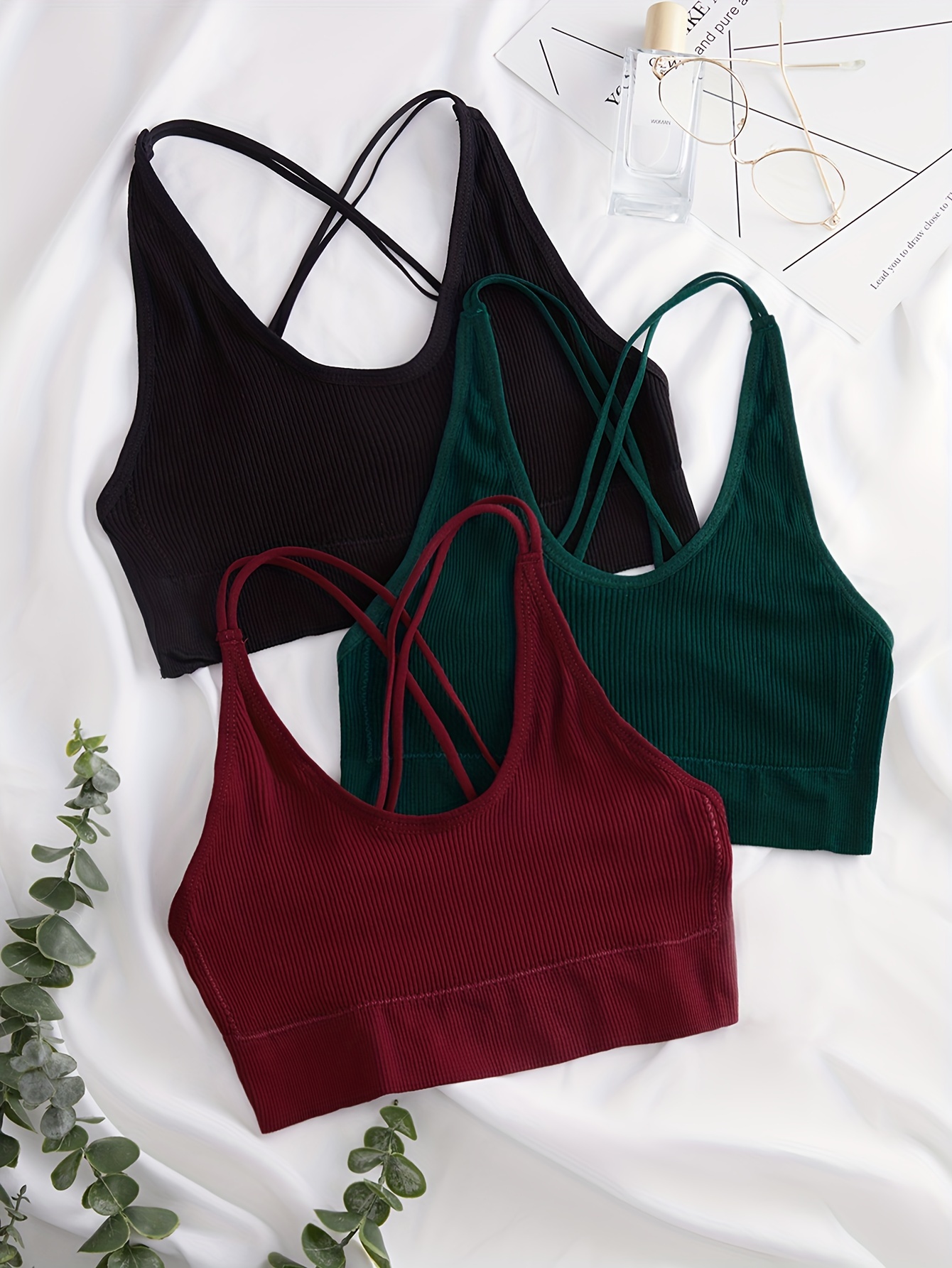 Solid Ribbed Wireless Bralettes Comfy Breathable Criss Cross