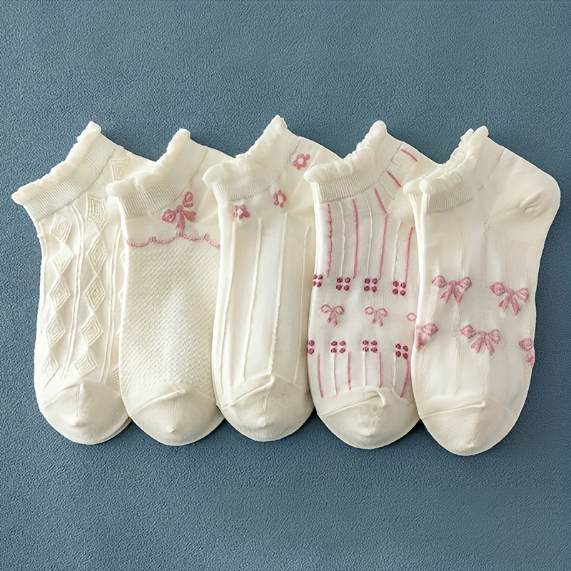 TEMU 5 Pairs Bow Pattern Socks, Cute & Breathable Lwo Cut Ankle Socks, Women's Stockings & Hosiery