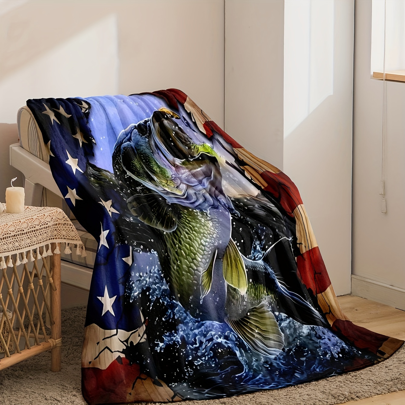 1pc Fishing Pattern Print Blanket, Flannel Blanket, Soft Warm Throw Blanket  Nap Blanket For Couch Sofa Office Bed Camping Travel, Multi-purpose Gift B