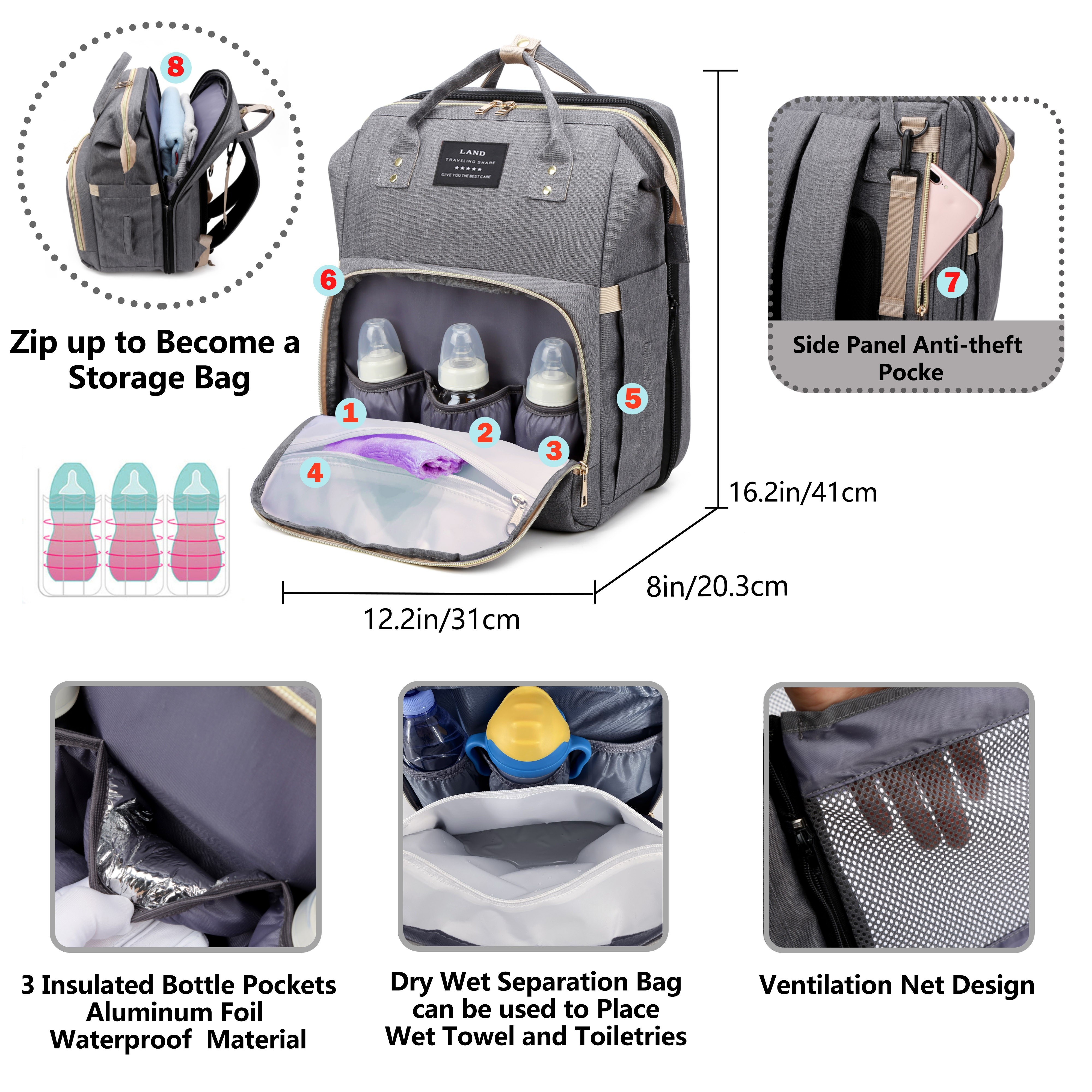 DERSTUEWE Diaper Bag Backpack，Baby Diaper Bags, Baby Shower Gifts,  Multifunctional diaper backpack Large Capacity, (Heather Grey)