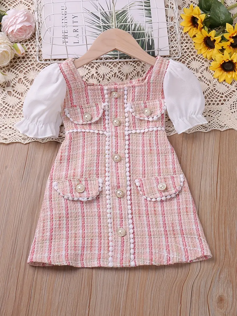 girls elegant pearl button plaid patchwork princess dress for party beach vacation kids summer clothes details 6