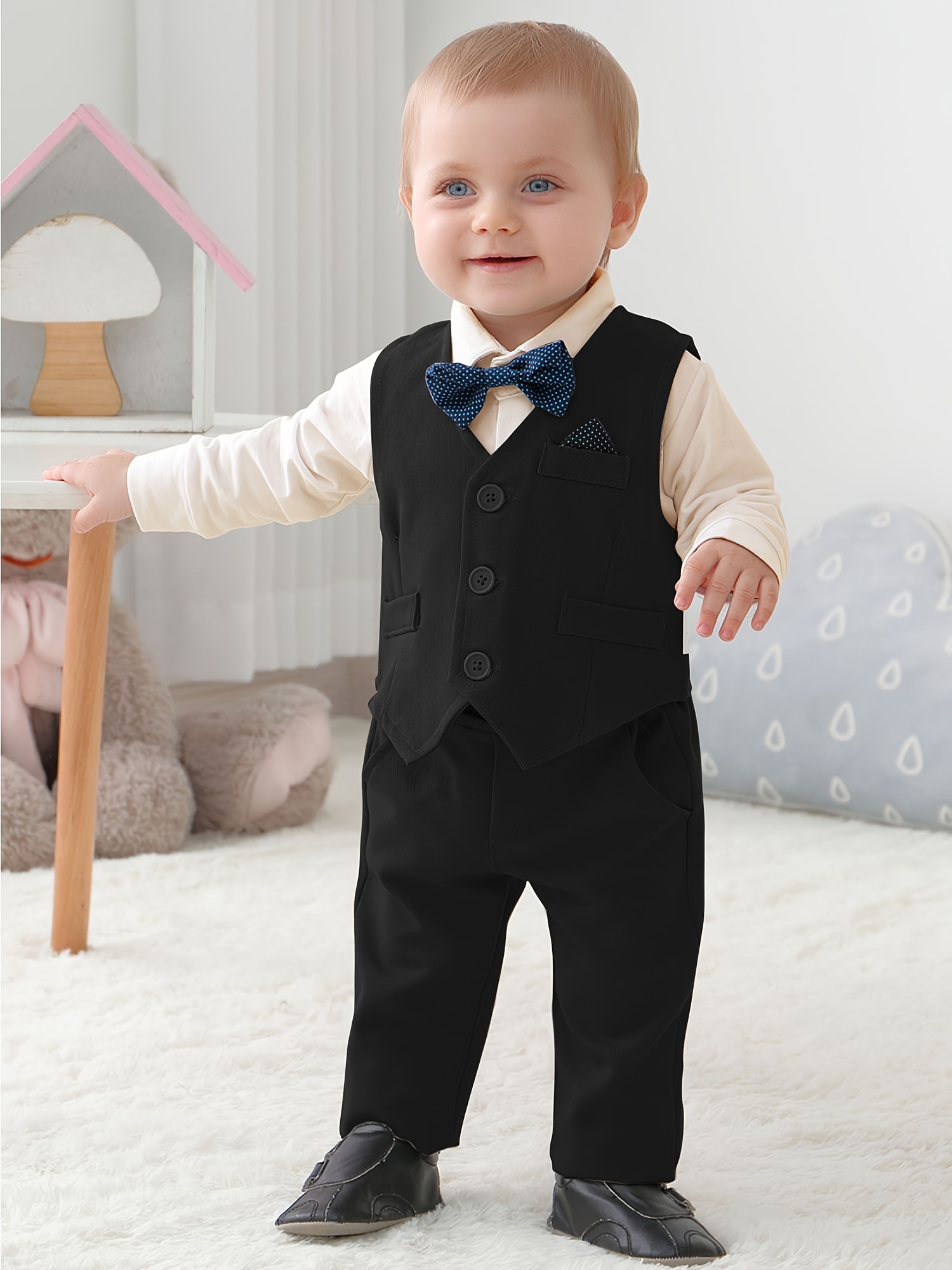 2-piece Toddler Boy 100% Cotton Stripe Faux-two Long-sleeve Top and Black Pants Set (Tie is included)
