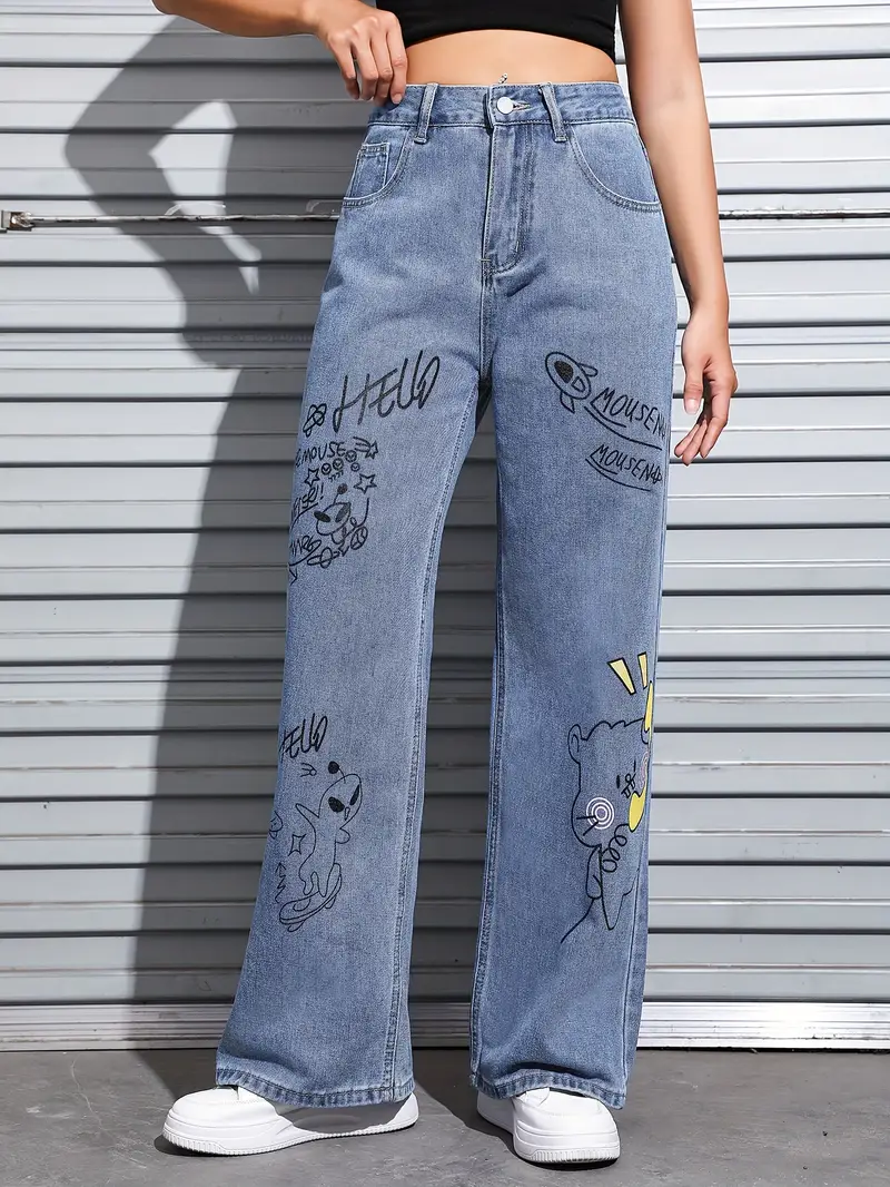 Cute Alien Graffiti Print High Rise Denim Pants, Cartoon Pattern Kawaii  Loose Casual Slash Pocket Jeans, Women's Denim Jeans & Clothing
