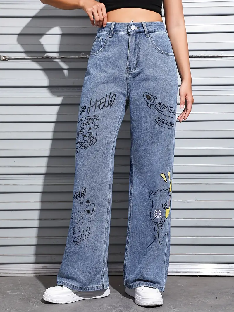 Cute Alien Graffiti Print High Rise Denim Pants Cartoon - Temu Austria