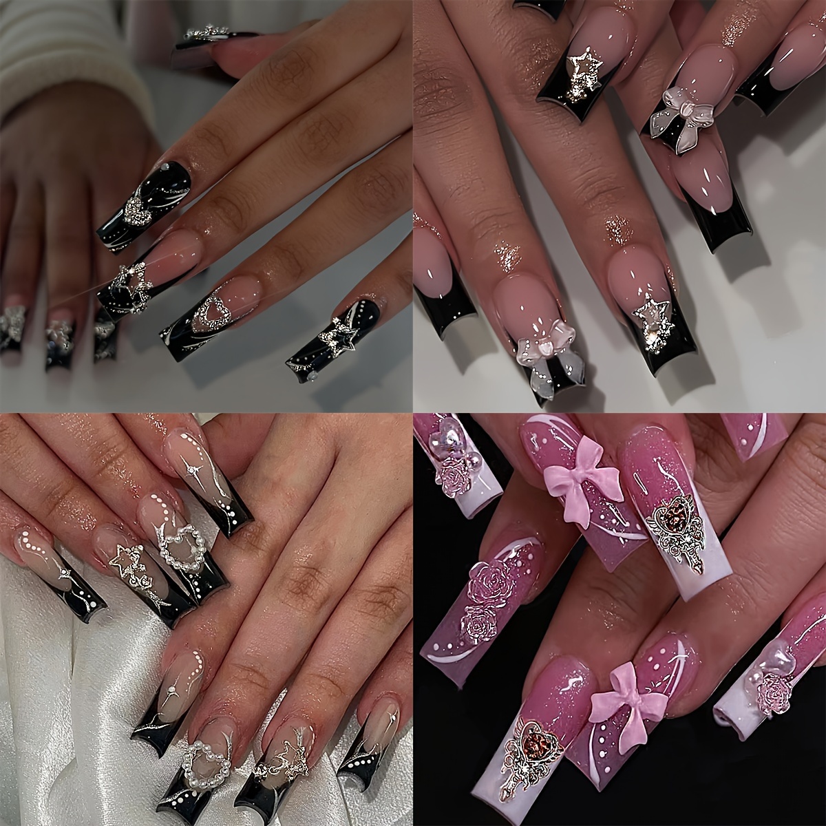 

4 Packs (96 Pcs) Glossy Long Square Press On Nails, Black And Pink French Tip Fake Nails With 3d Bow, Star Heart Rhinestone Pearl Design, Sweet Cool Y2k False Nails For Women Girls