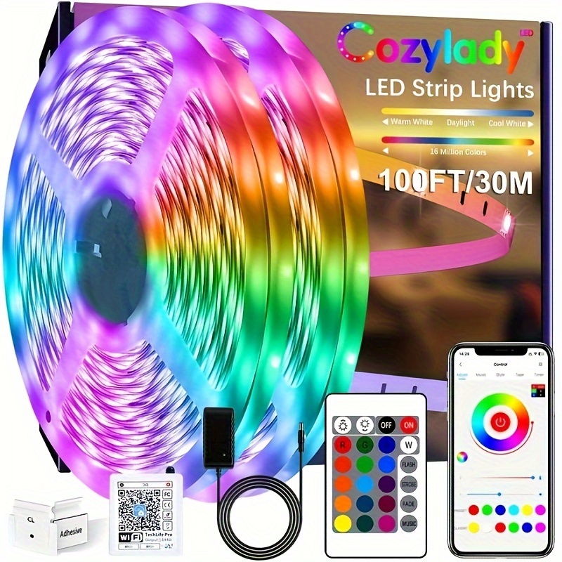 DAYBETTER 100ft Led Strip Lights,Remote Controller and 12V Power  Supply,Flexible Cuttable Led Lights for Bedroom