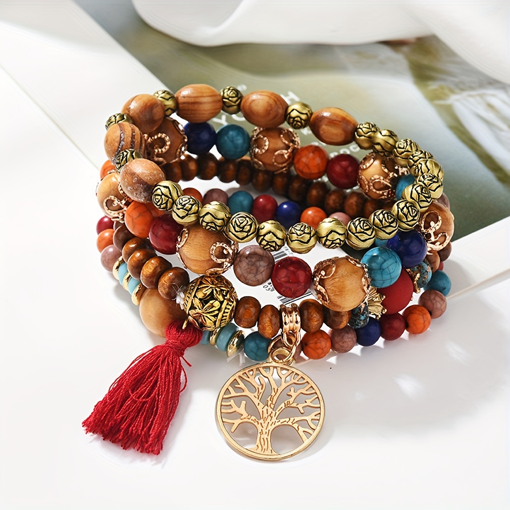 Handmade Tree Tassel Charms Beads Multilayer Bracelet - Temu