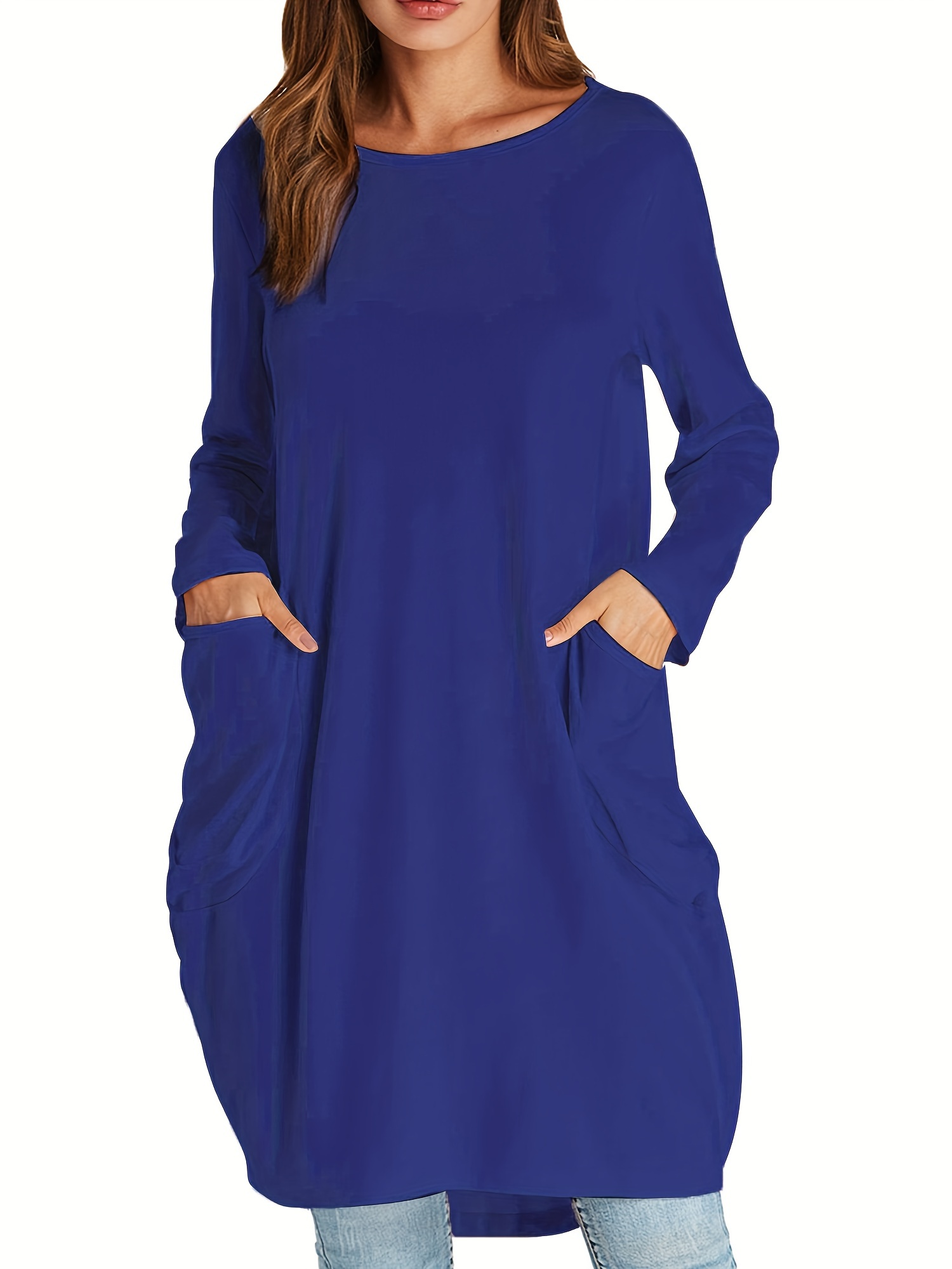 Dual Pockets Button Dress, Casual Crew Neck Long Sleeve Dress