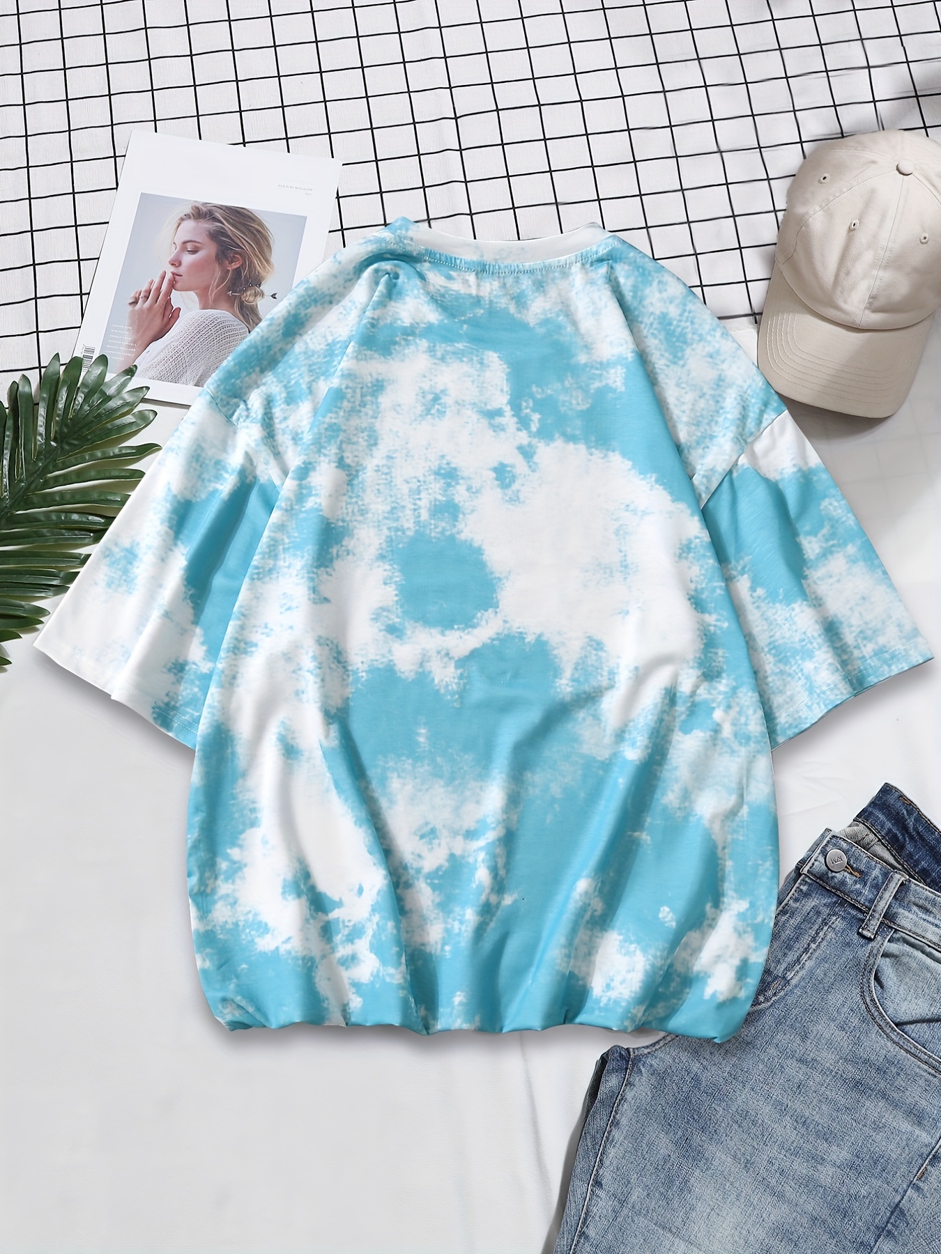 Women's Tie-dye Printed T-shirt Leaf Graphic Round Neck Blouses Loose  Fitted Tees Shirts Summer Short Sleeve Top 