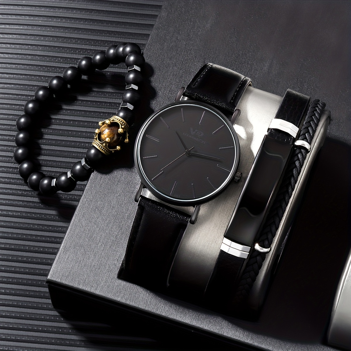 1pc Men's Black Quartz Watch & 1pc Bracelet,Temu